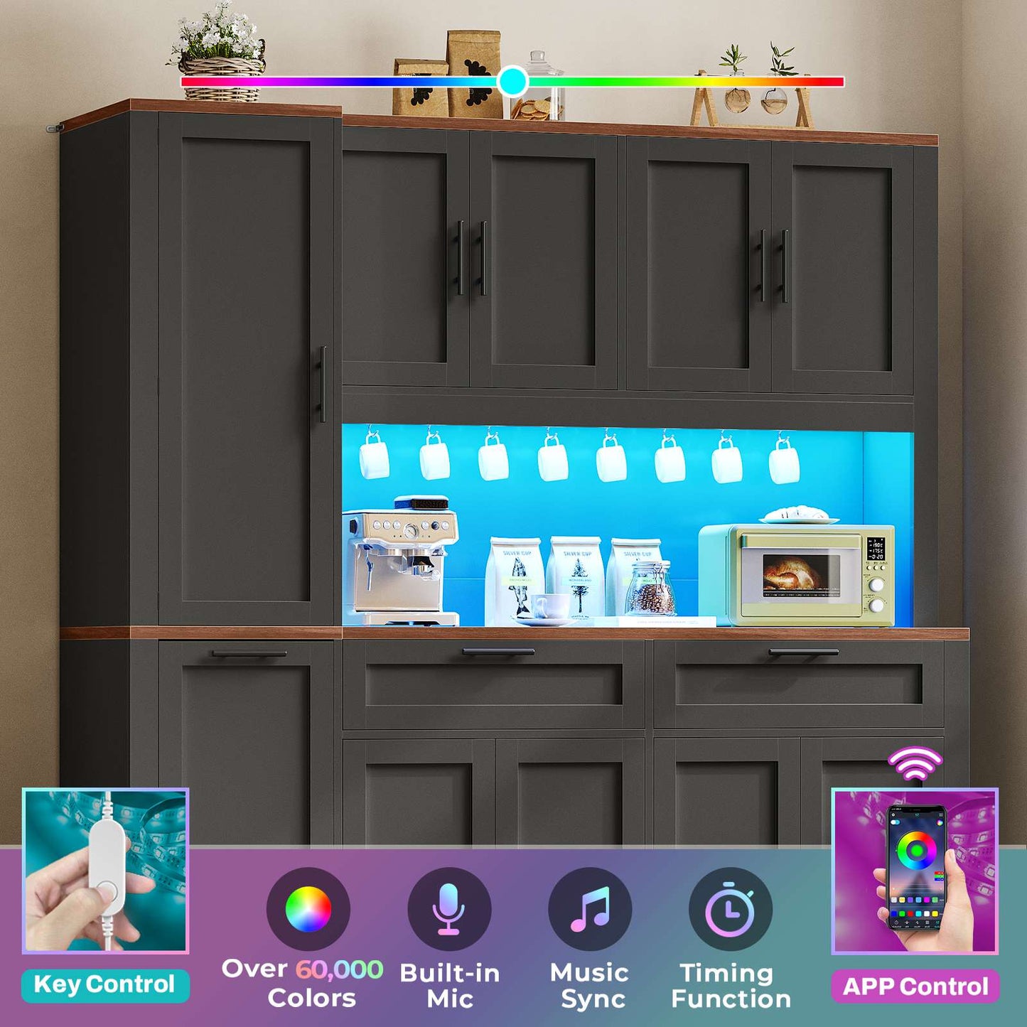 Itaar | 71 Inch Kitchen Pantry Cabinet with Charging Station and Led Light Kitchen Storage Cabinets with Microwave Stand