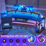 Itaar | 79 Inch Gaming Desk with 2 Fabric Drawers Long Computer Desk with Power Strip LED Lights U Shaped Desk with Storage and Cup Holder