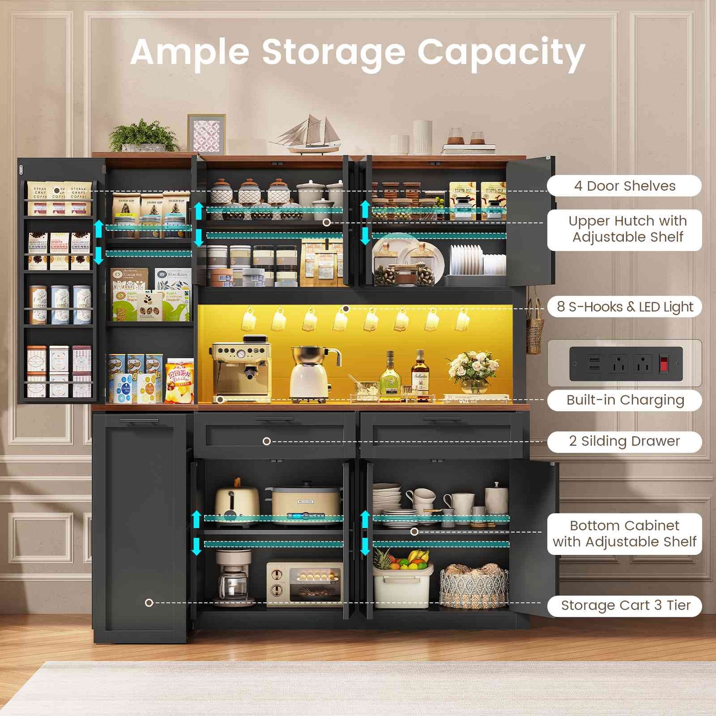 Itaar | 71 Inch Kitchen Pantry Cabinet with Charging Station and Led Light Kitchen Storage Cabinets with Microwave Stand