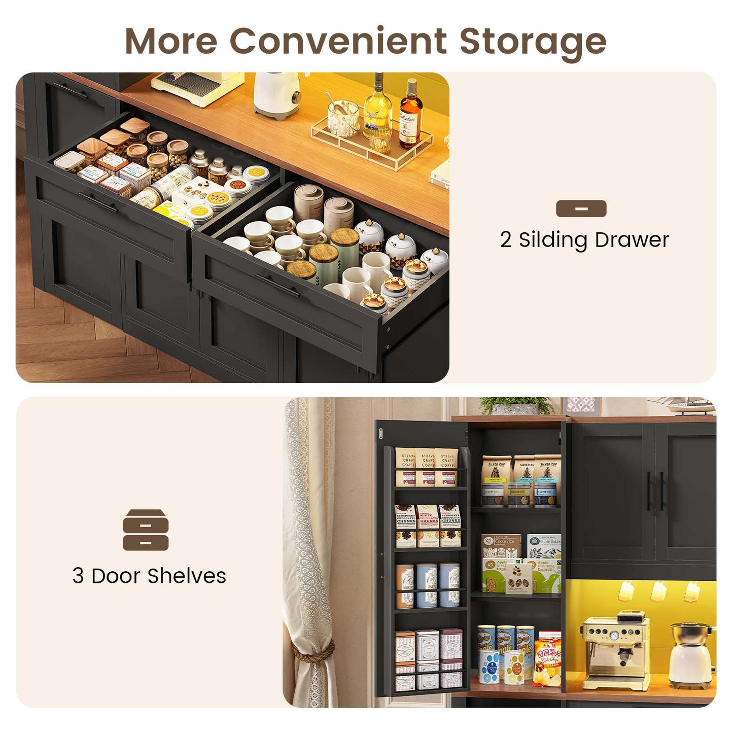 Itaar | 71 Inch Kitchen Pantry Cabinet with Charging Station and Led Light Kitchen Storage Cabinets with Microwave Stand