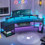 Itaar | 79 Inch Gaming Desk with 2 Fabric Drawers Long Computer Desk with Power Strip LED Lights U Shaped Desk with Storage and Cup Holder