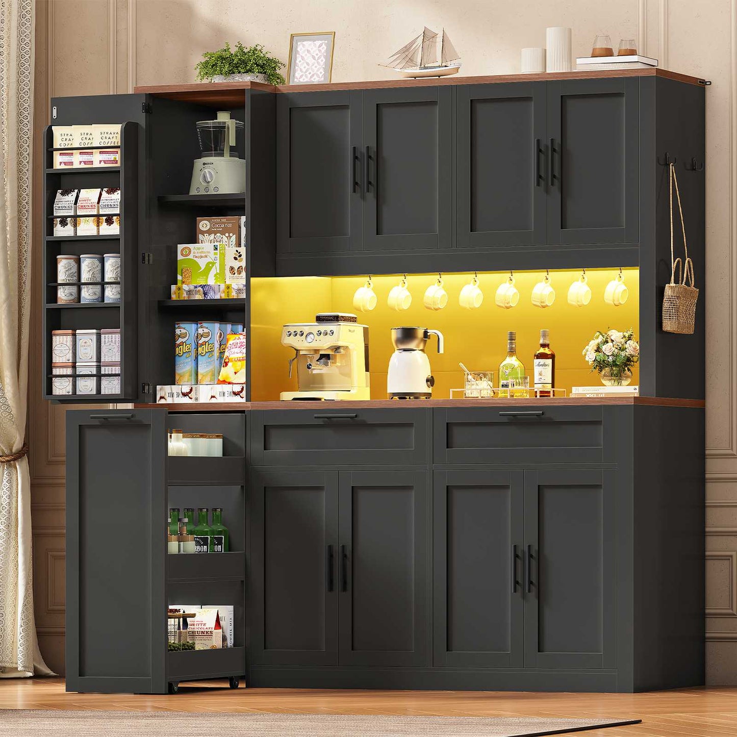 Itaar | 71 Inch Kitchen Pantry Cabinet with Charging Station and Led Light Kitchen Storage Cabinets with Microwave Stand