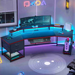 Itaar | 79 Inch Gaming Desk with 2 Fabric Drawers Long Computer Desk with Power Strip LED Lights U Shaped Desk with Storage and Cup Holder
