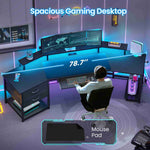 Itaar | 79 Inch Gaming Desk with 2 Fabric Drawers Long Computer Desk with Power Strip LED Lights U Shaped Desk with Storage and Cup Holder