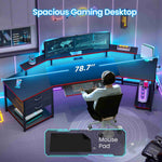 Itaar | 79 Inch Gaming Desk with 2 Fabric Drawers Long Computer Desk with Power Strip LED Lights U Shaped Desk with Storage and Cup Holder