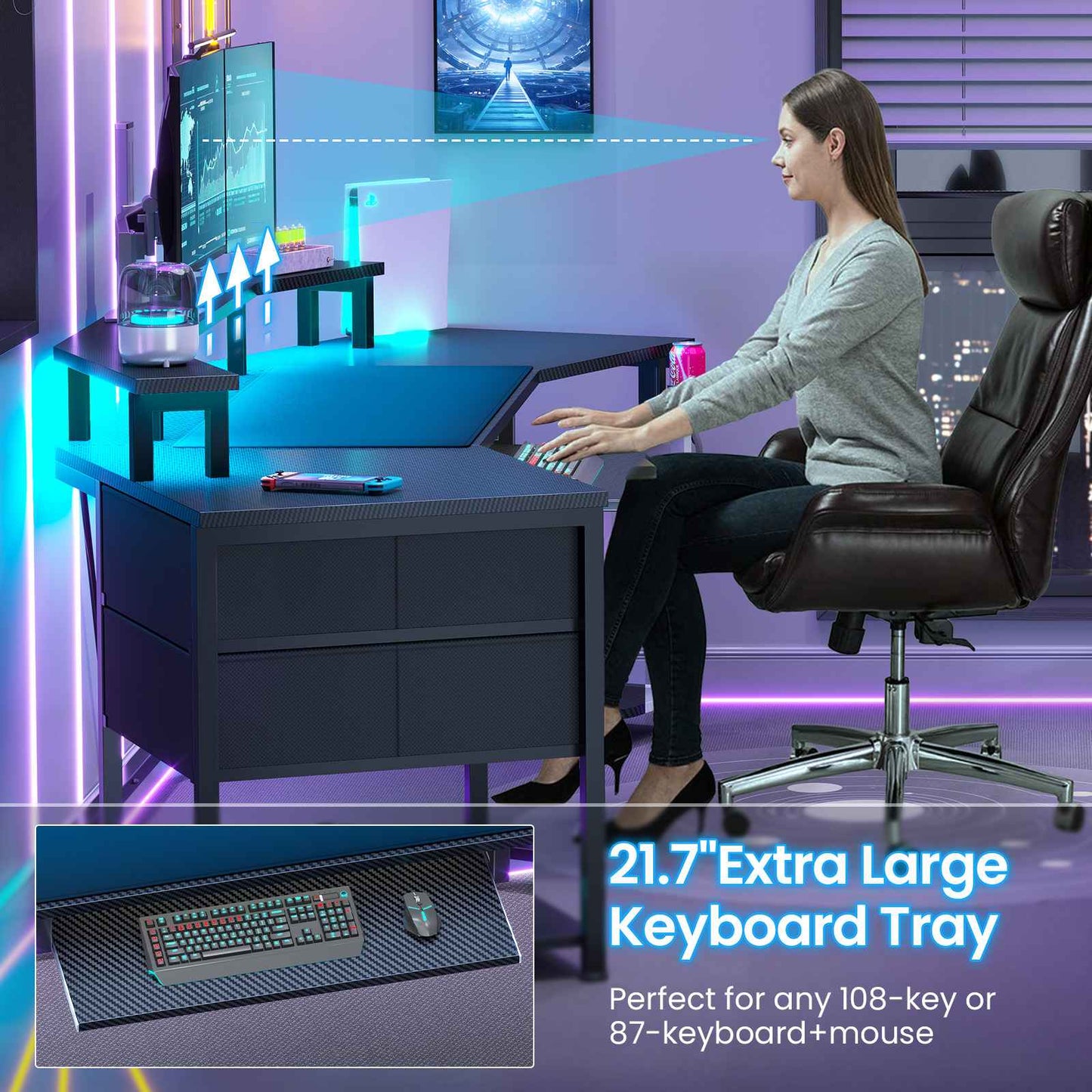 Itaar | 79 Inch Gaming Desk with 2 Fabric Drawers Long Computer Desk with Power Strip LED Lights U Shaped Desk with Storage and Cup Holder