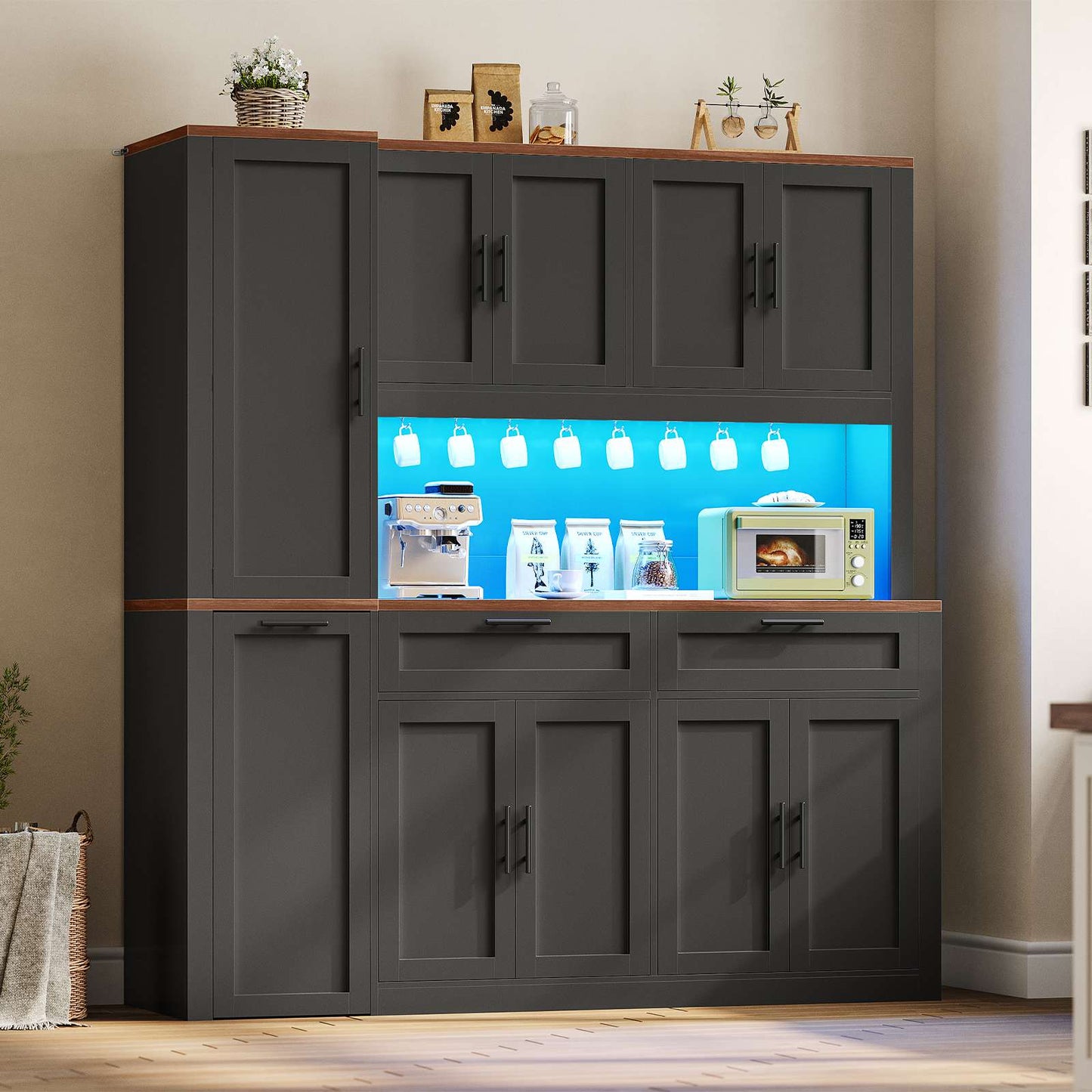 Itaar | 71 Inch Kitchen Pantry Cabinet with Charging Station and Led Light Kitchen Storage Cabinets with Microwave Stand