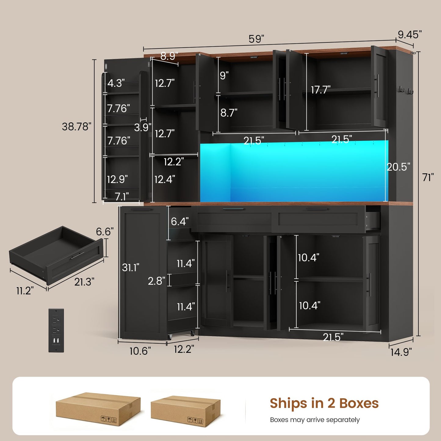 Itaar | 71 Inch Kitchen Pantry Cabinet with Charging Station and Led Light Kitchen Storage Cabinets with Microwave Stand