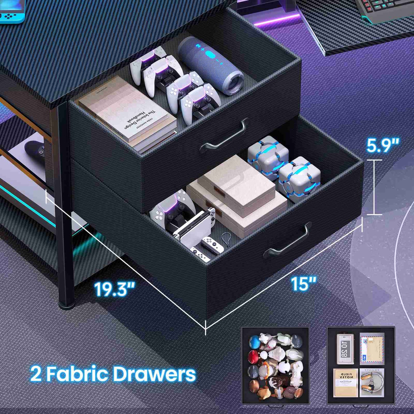 Itaar | 79 Inch Gaming Desk with 2 Fabric Drawers Long Computer Desk with Power Strip LED Lights U Shaped Desk with Storage and Cup Holder