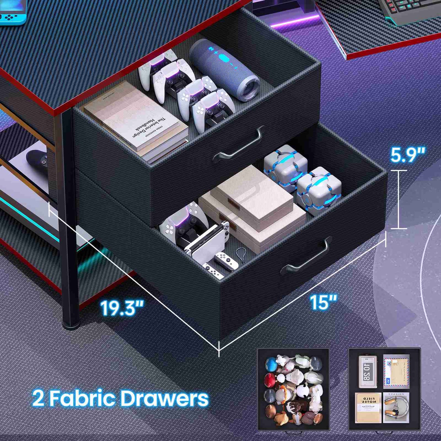 Itaar | 79 Inch Gaming Desk with 2 Fabric Drawers Long Computer Desk with Power Strip LED Lights U Shaped Desk with Storage and Cup Holder