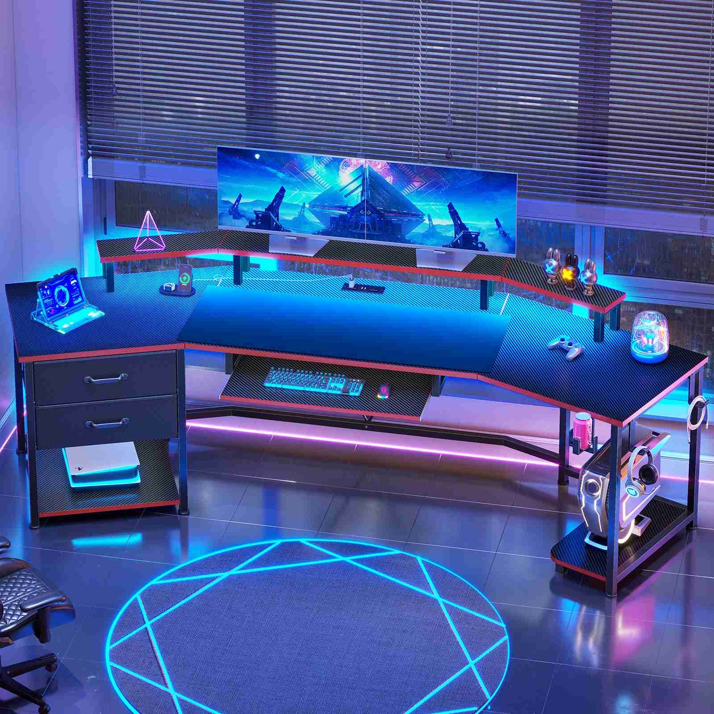Itaar | 79 Inch Gaming Desk with 2 Fabric Drawers Long Computer Desk with Power Strip LED Lights U Shaped Desk with Storage and Cup Holder