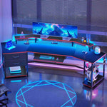 Itaar | 79 Inch Gaming Desk with 2 Fabric Drawers Long Computer Desk with Power Strip LED Lights U Shaped Desk with Storage and Cup Holder