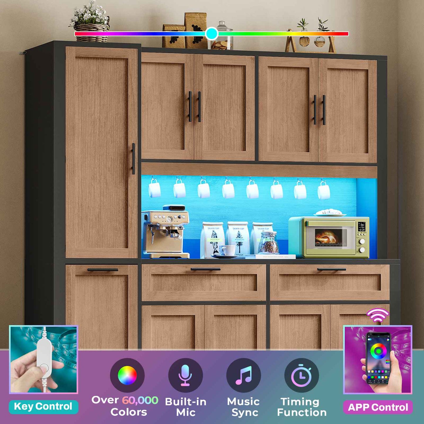 Itaar | 71 Inch Kitchen Pantry Cabinet with Charging Station and Led Light Kitchen Storage Cabinets with Microwave Stand