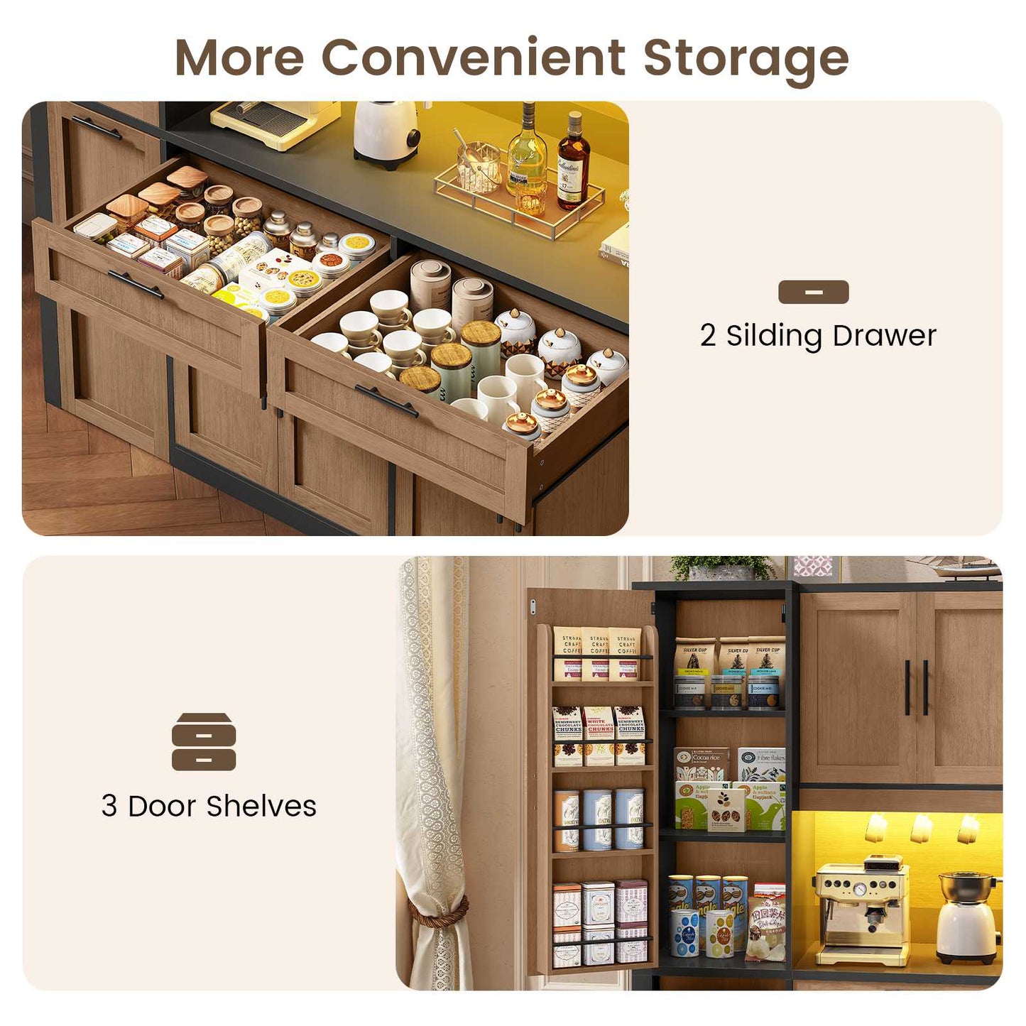 Itaar | 71 Inch Kitchen Pantry Cabinet with Charging Station and Led Light Kitchen Storage Cabinets with Microwave Stand