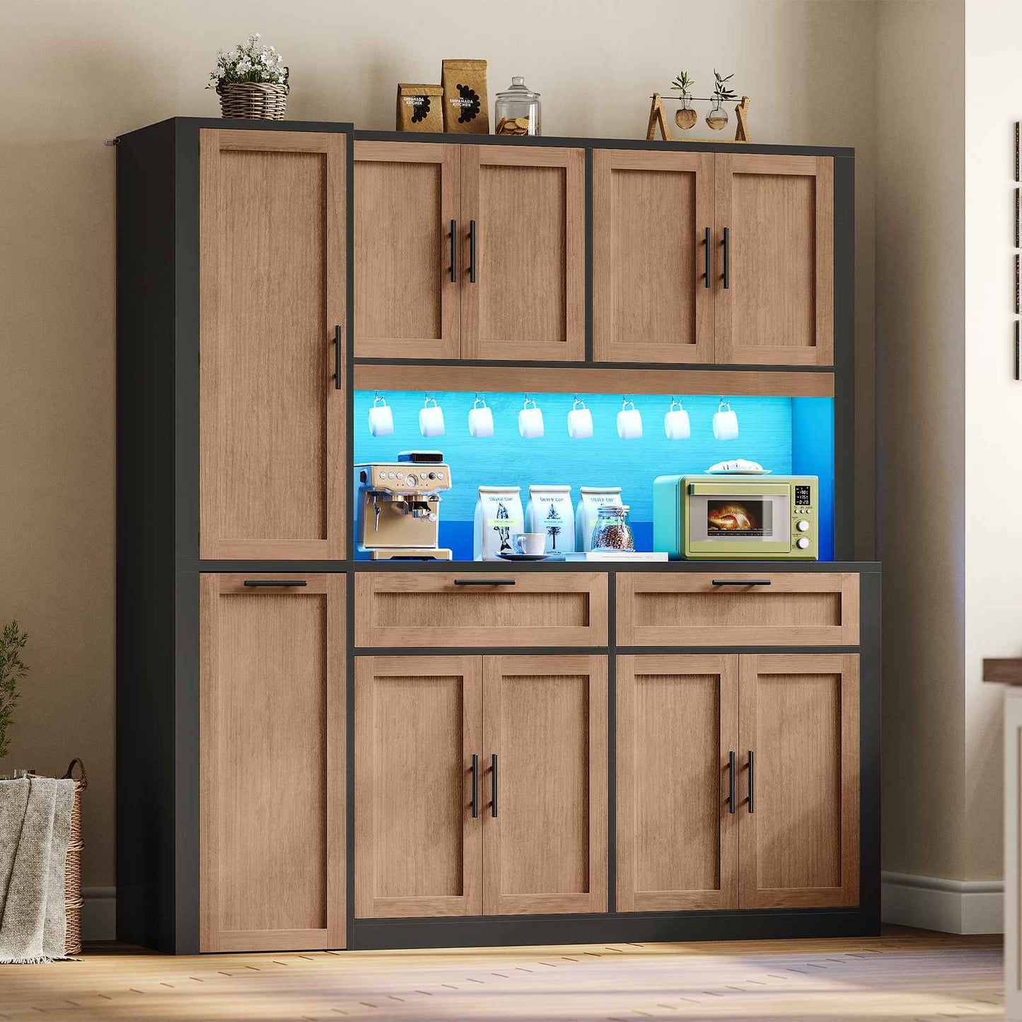 Itaar | 71 Inch Kitchen Pantry Cabinet with Charging Station and Led Light Kitchen Storage Cabinets with Microwave Stand
