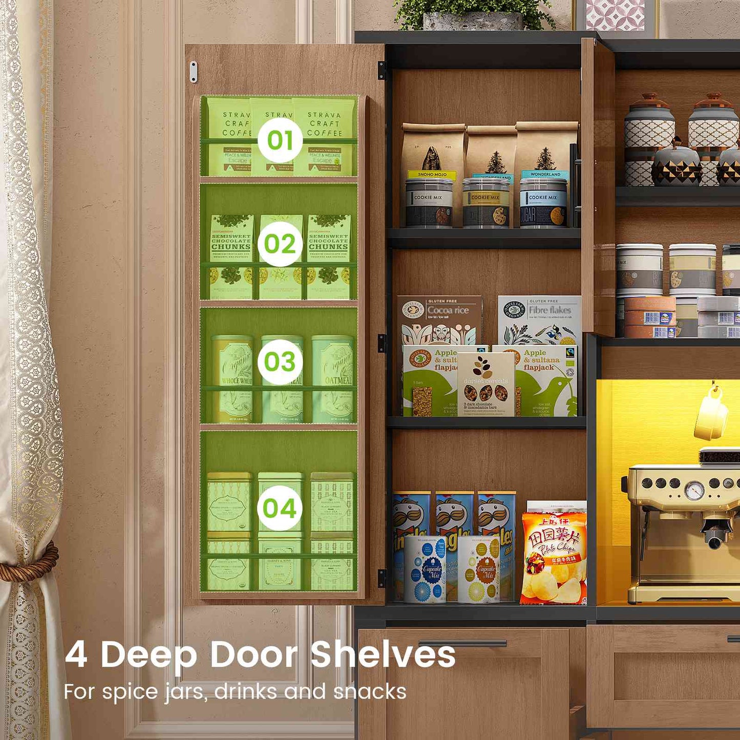 Itaar | 71 Inch Kitchen Pantry Cabinet with Charging Station and Led Light Kitchen Storage Cabinets with Microwave Stand