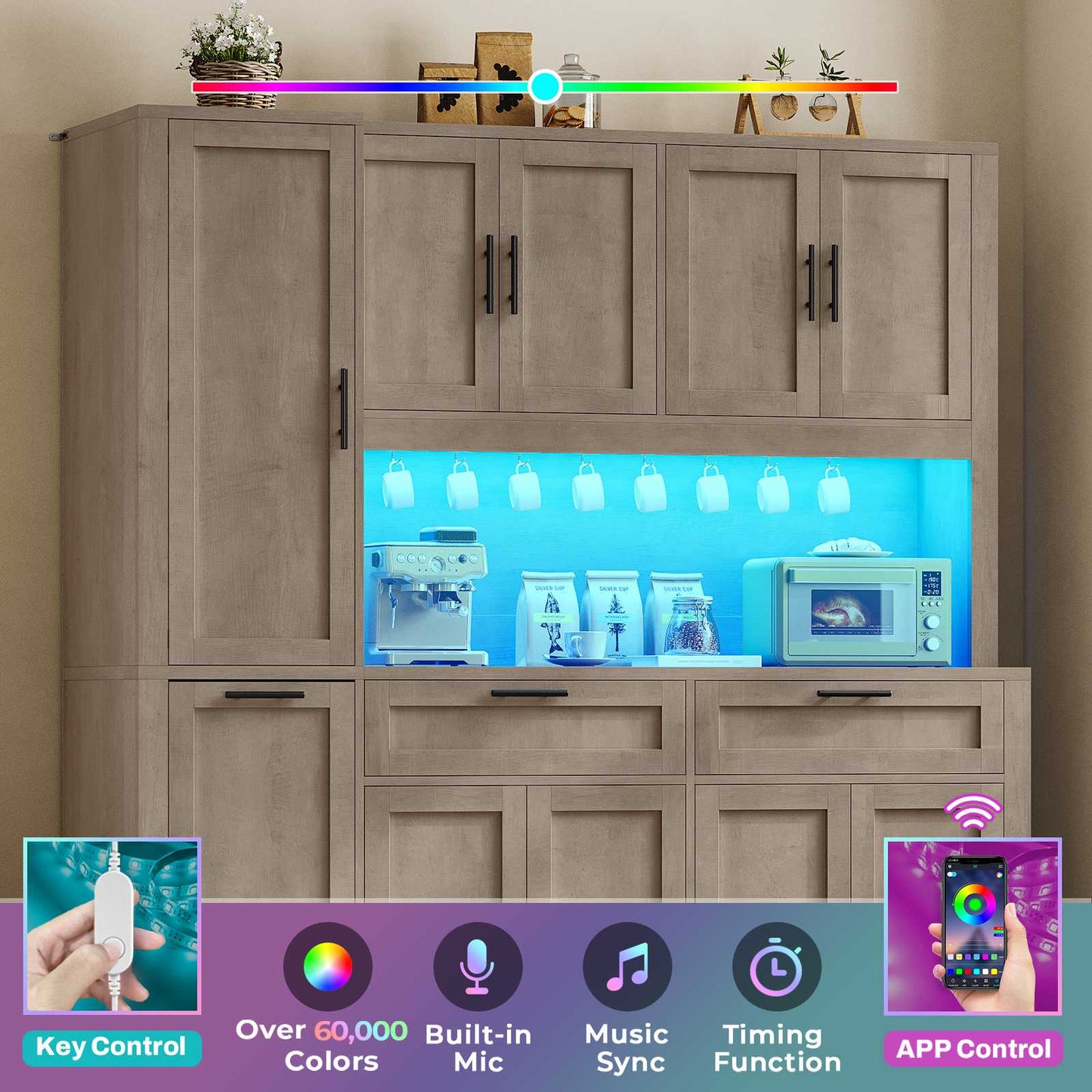 Itaar | 71 Inch Kitchen Pantry Cabinet with Charging Station and Led Light Kitchen Storage Cabinets with Microwave Stand