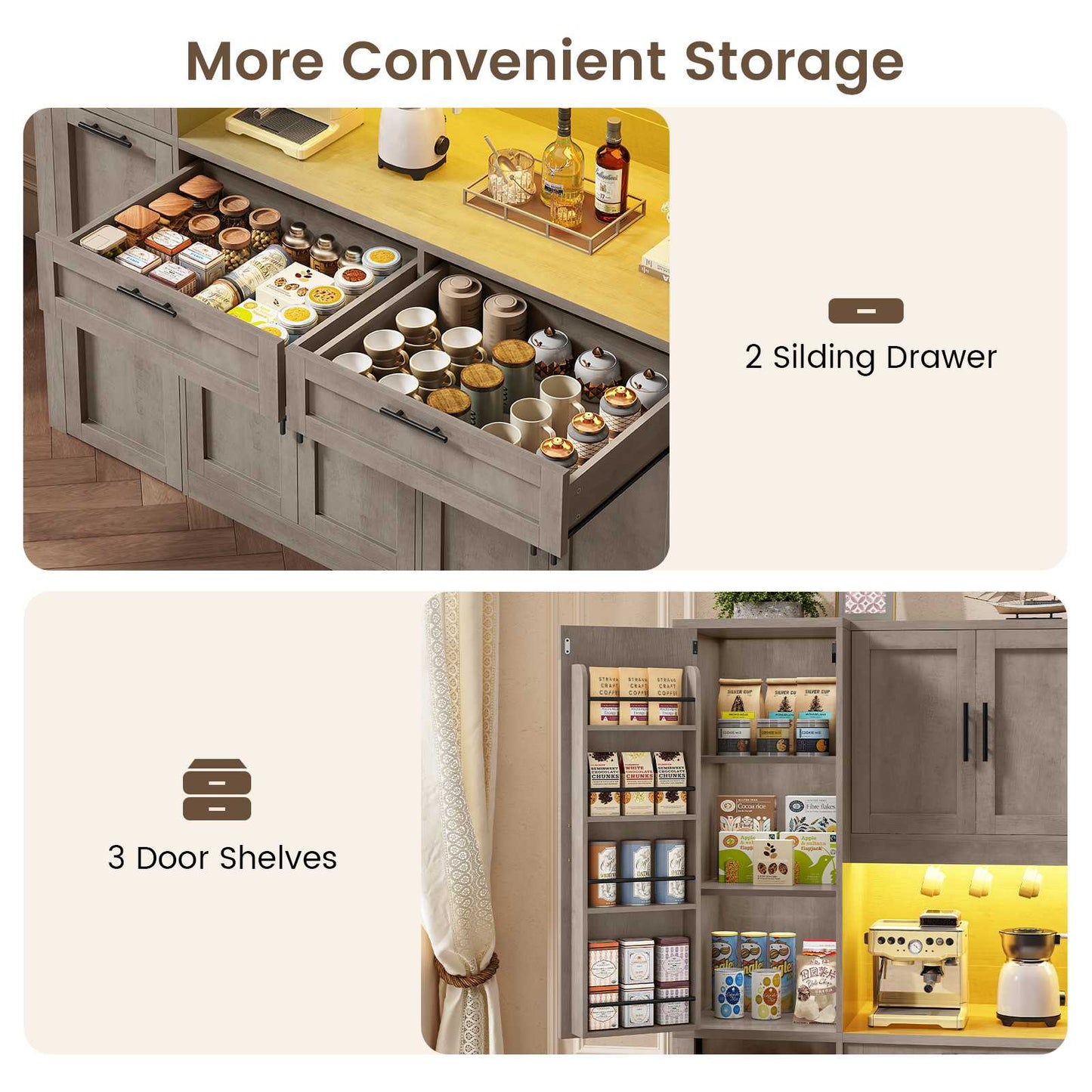 Itaar | 71 Inch Kitchen Pantry Cabinet with Charging Station and Led Light Kitchen Storage Cabinets with Microwave Stand