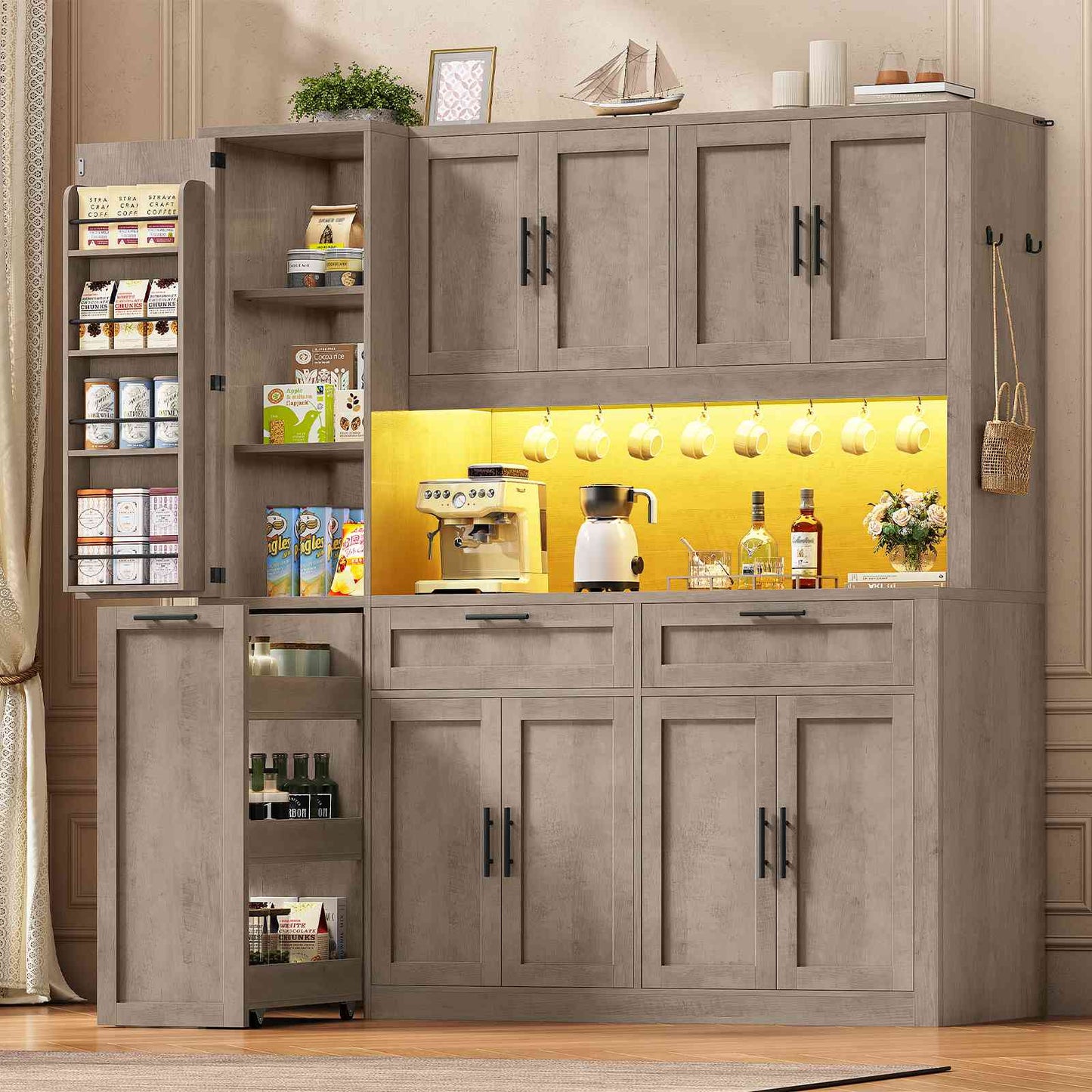 Itaar | 71 Inch Kitchen Pantry Cabinet with Charging Station and Led Light Kitchen Storage Cabinets with Microwave Stand