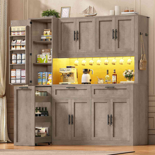 Itaar | 71 Inch Kitchen Pantry Cabinet with Charging Station and Led Light Kitchen Storage Cabinets with Microwave Stand