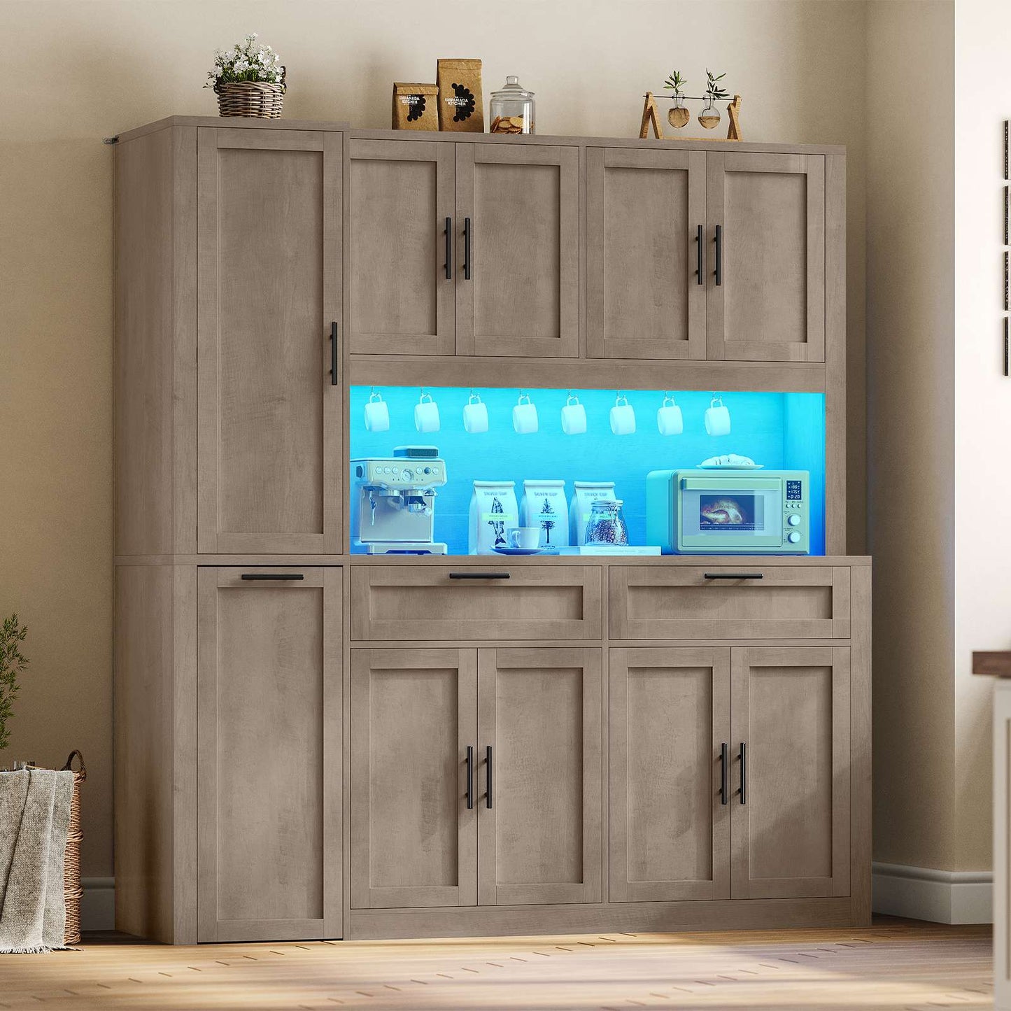 Itaar | 71 Inch Kitchen Pantry Cabinet with Charging Station and Led Light Kitchen Storage Cabinets with Microwave Stand