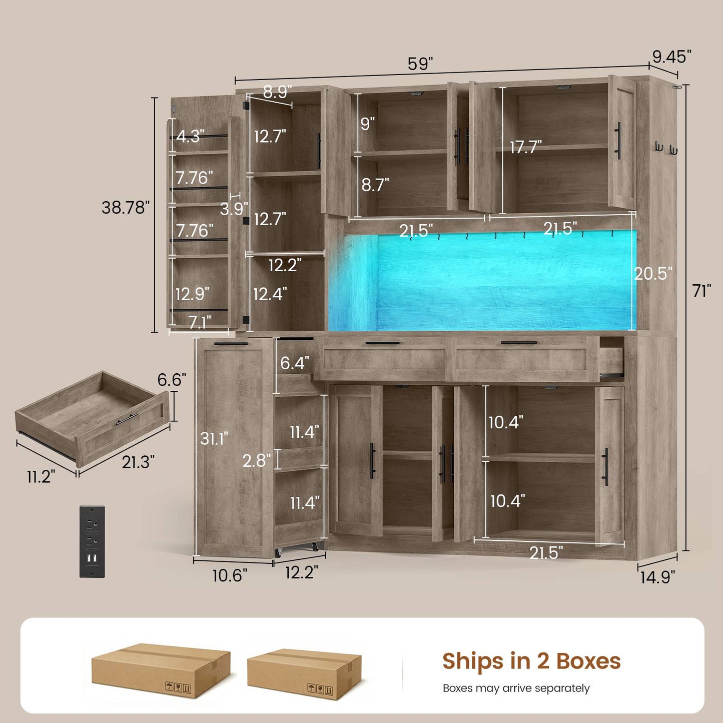 Itaar | 71 Inch Kitchen Pantry Cabinet with Charging Station and Led Light Kitchen Storage Cabinets with Microwave Stand