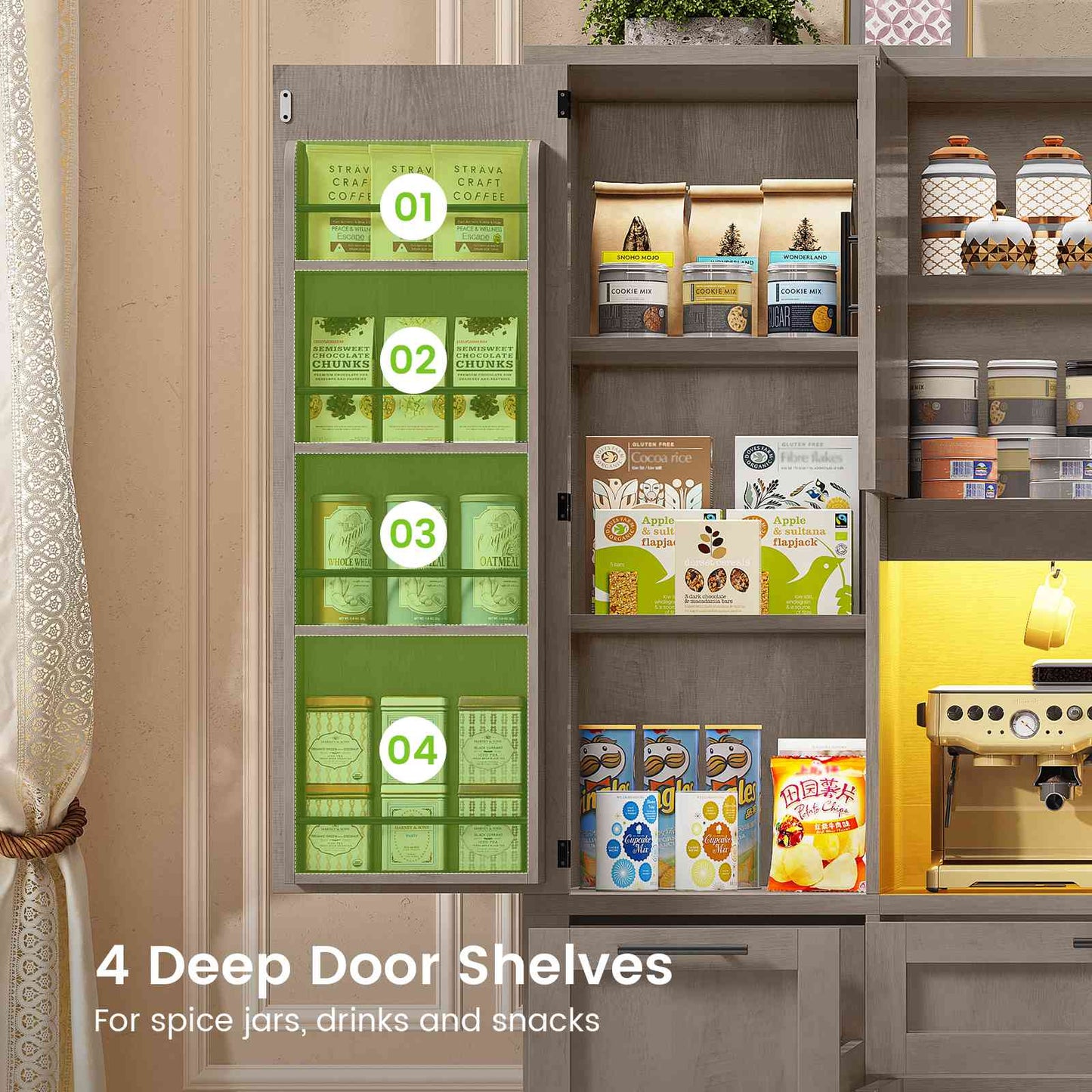 Itaar | 71 Inch Kitchen Pantry Cabinet with Charging Station and Led Light Kitchen Storage Cabinets with Microwave Stand