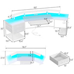 Itaar | 79 Inch Gaming Desk with 2 Fabric Drawers Long Computer Desk with Power Strip LED Lights U Shaped Desk with Storage and Cup Holder