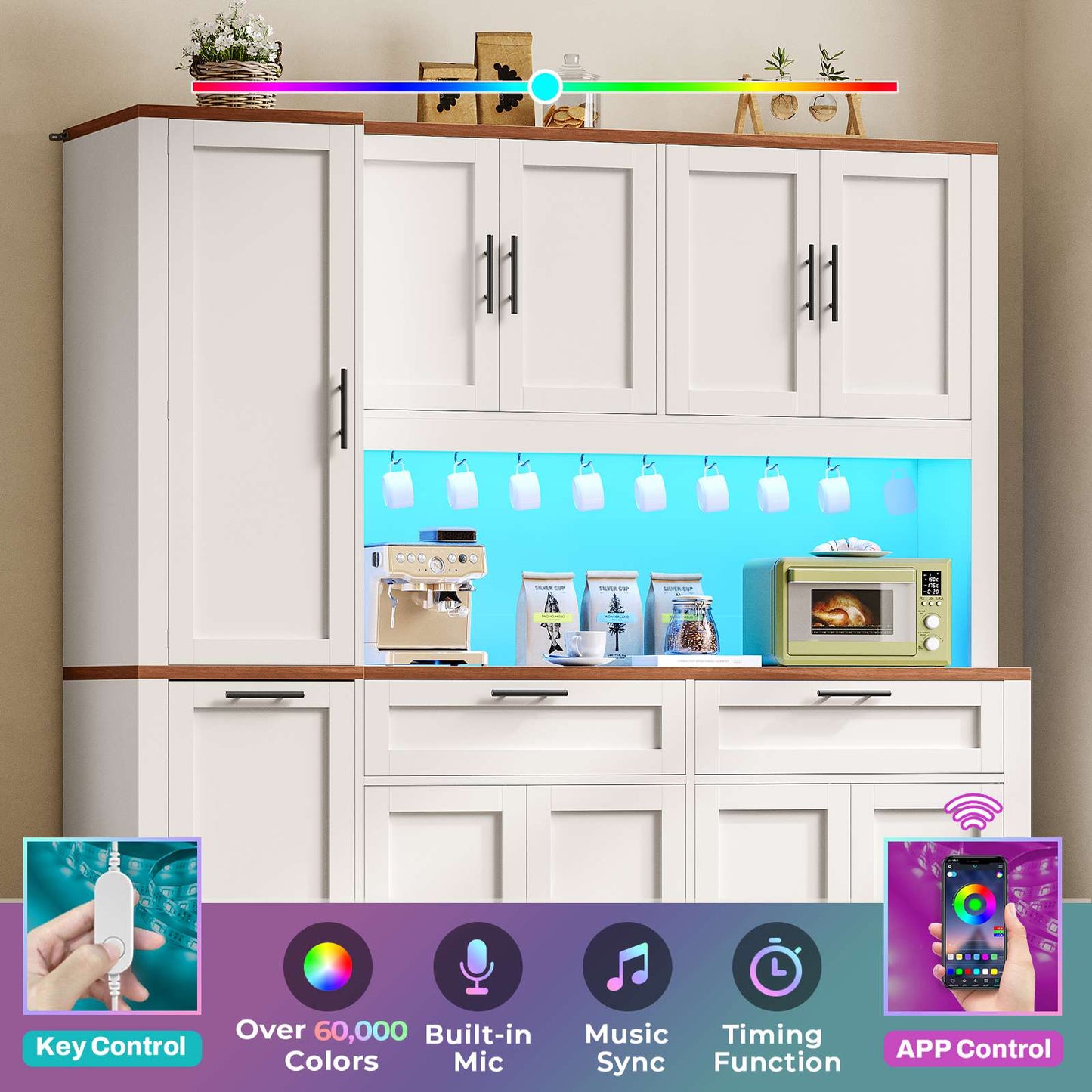Itaar | 71 Inch Kitchen Pantry Cabinet with Charging Station and Led Light Kitchen Storage Cabinets with Microwave Stand