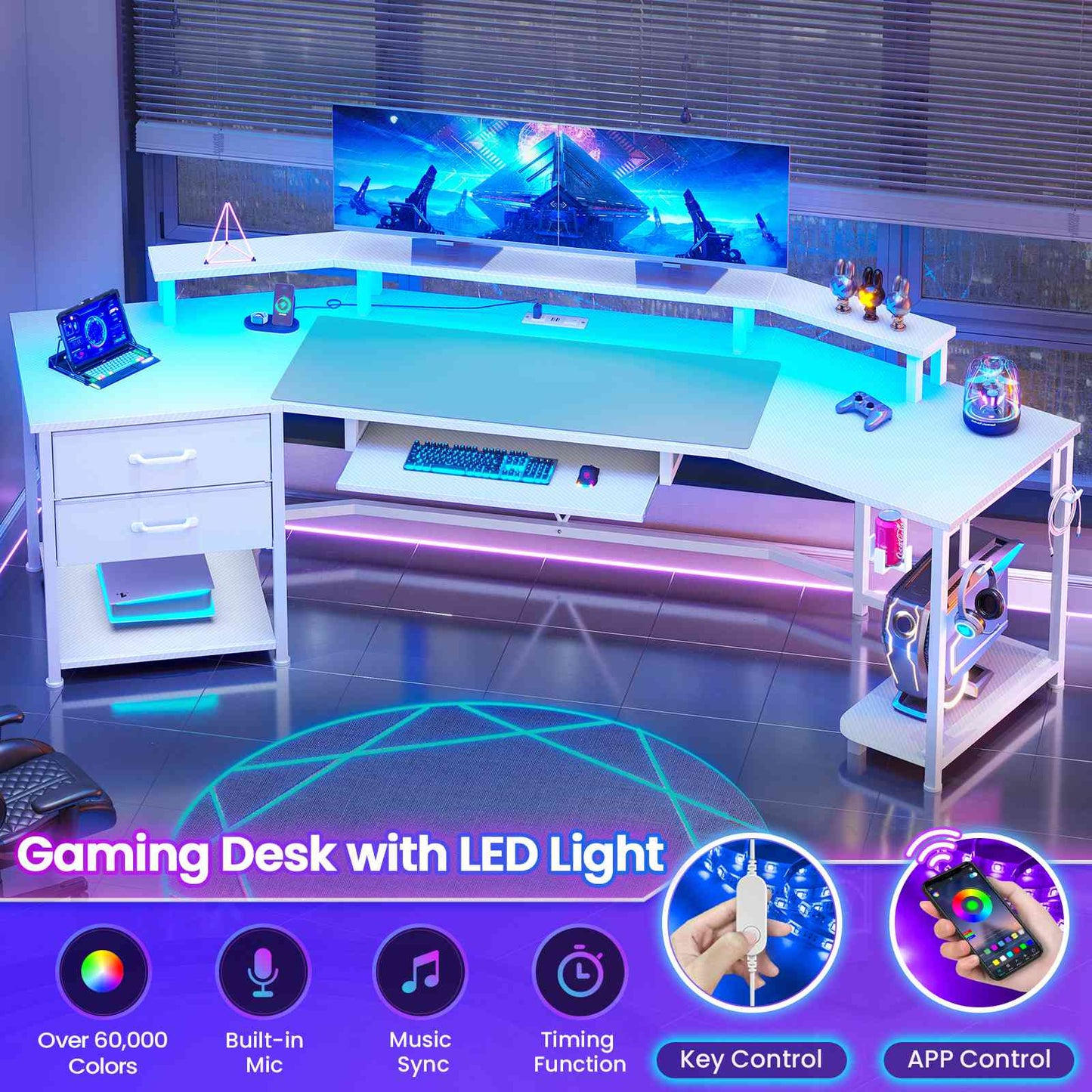 Itaar | 79 Inch Gaming Desk with 2 Fabric Drawers Long Computer Desk with Power Strip LED Lights U Shaped Desk with Storage and Cup Holder