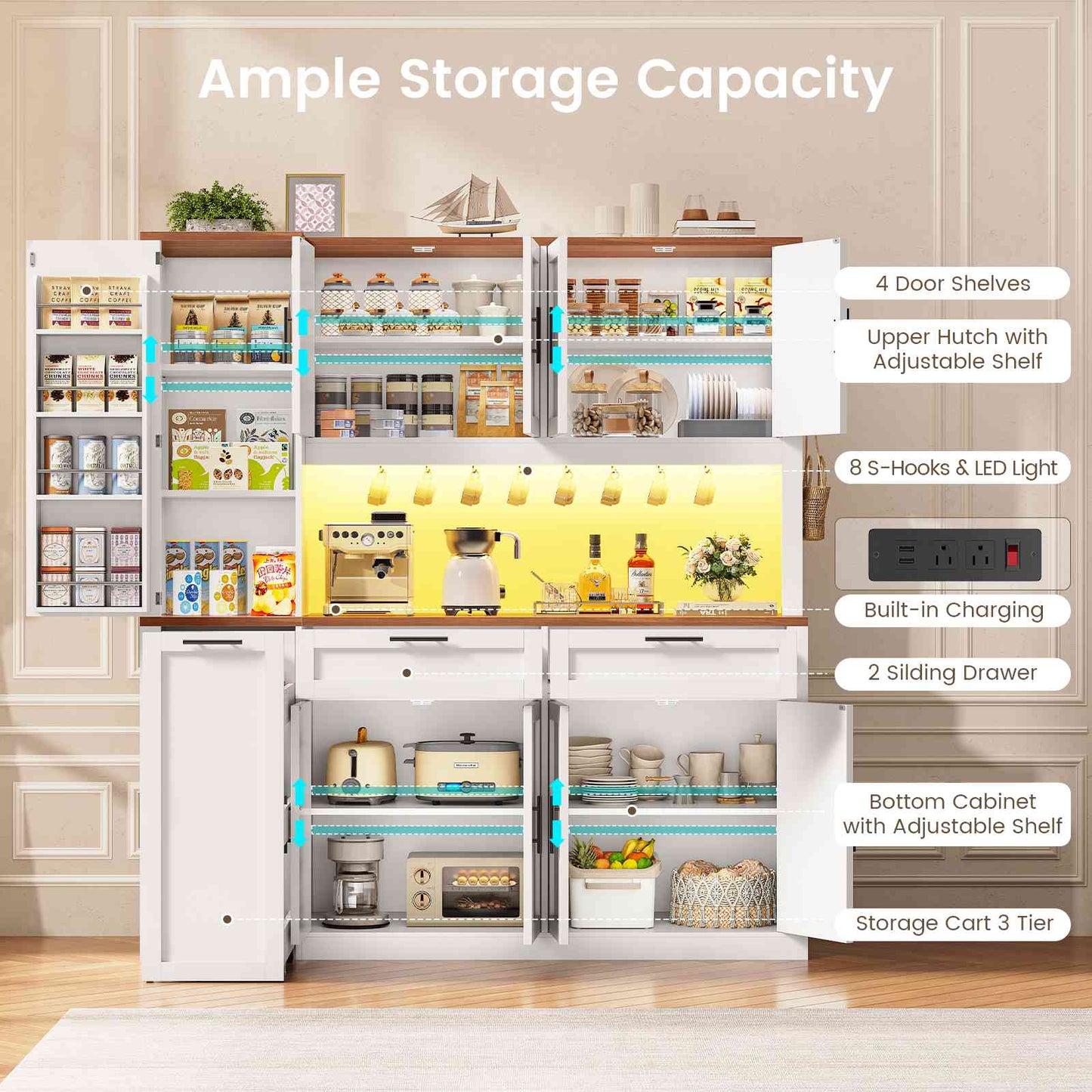 Itaar | 71 Inch Kitchen Pantry Cabinet with Charging Station and Led Light Kitchen Storage Cabinets with Microwave Stand