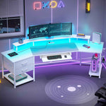 Itaar | 79 Inch Gaming Desk with 2 Fabric Drawers Long Computer Desk with Power Strip LED Lights U Shaped Desk with Storage and Cup Holder