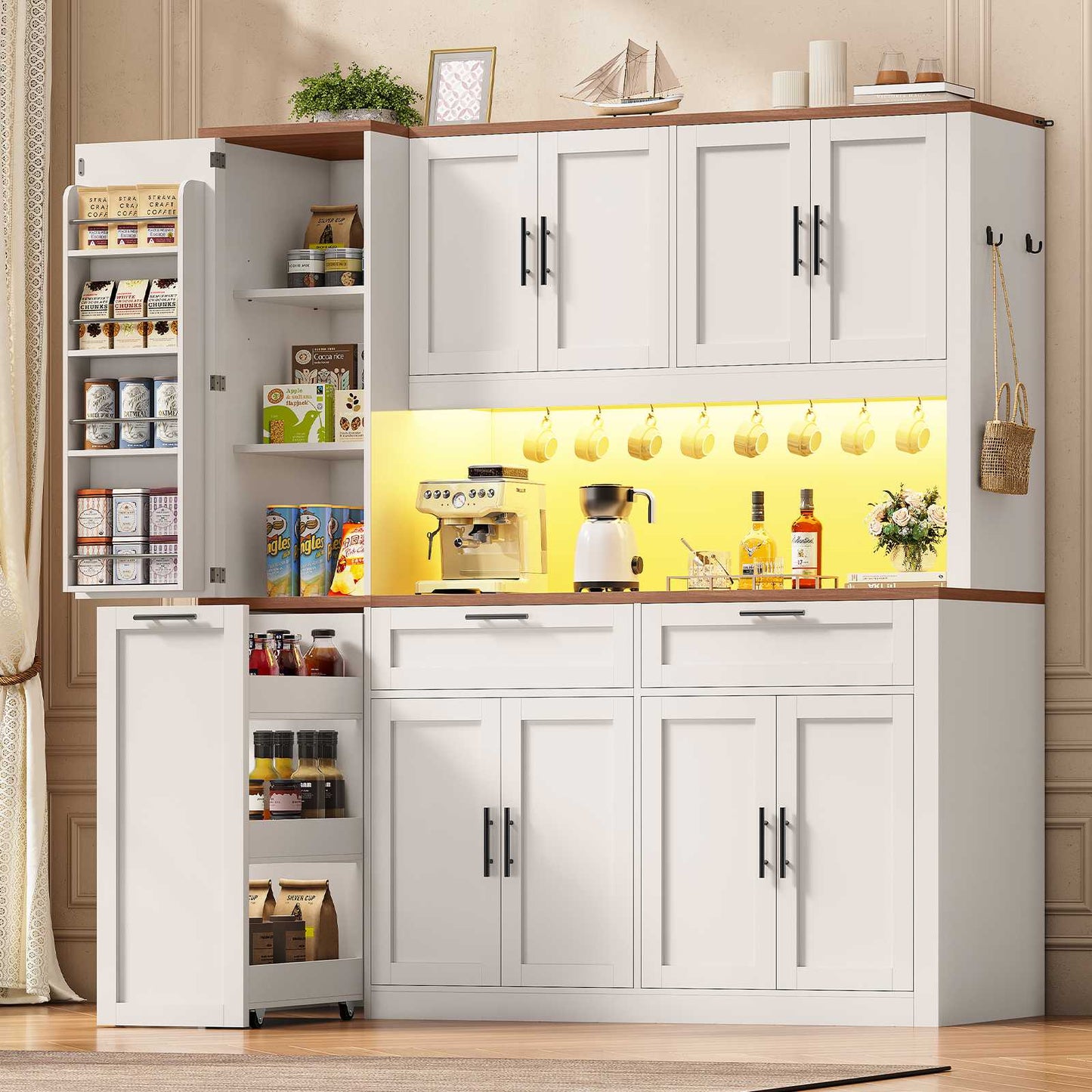 Itaar | 71 Inch Kitchen Pantry Cabinet with Charging Station and Led Light Kitchen Storage Cabinets with Microwave Stand