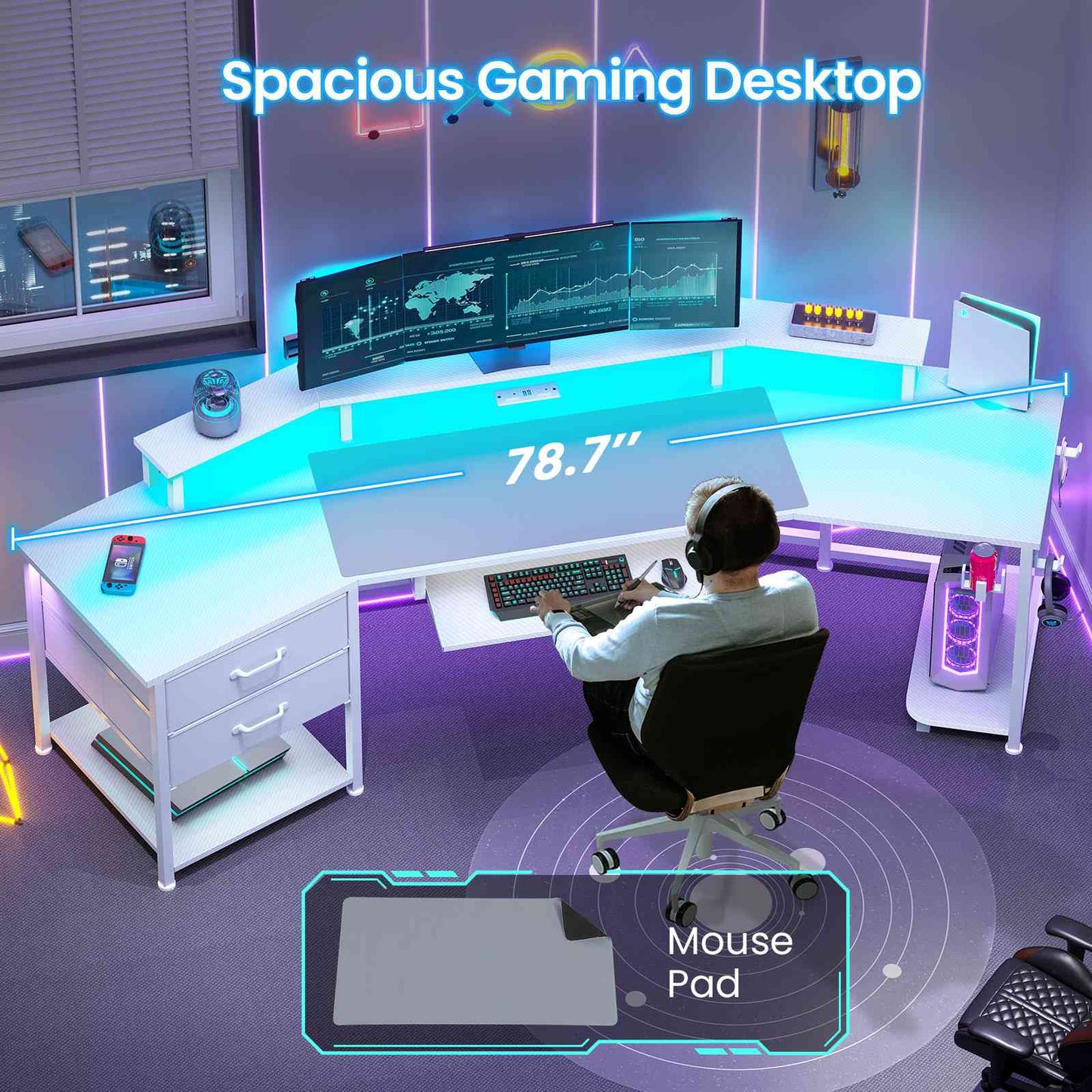 Itaar | 79 Inch Gaming Desk with 2 Fabric Drawers Long Computer Desk with Power Strip LED Lights U Shaped Desk with Storage and Cup Holder