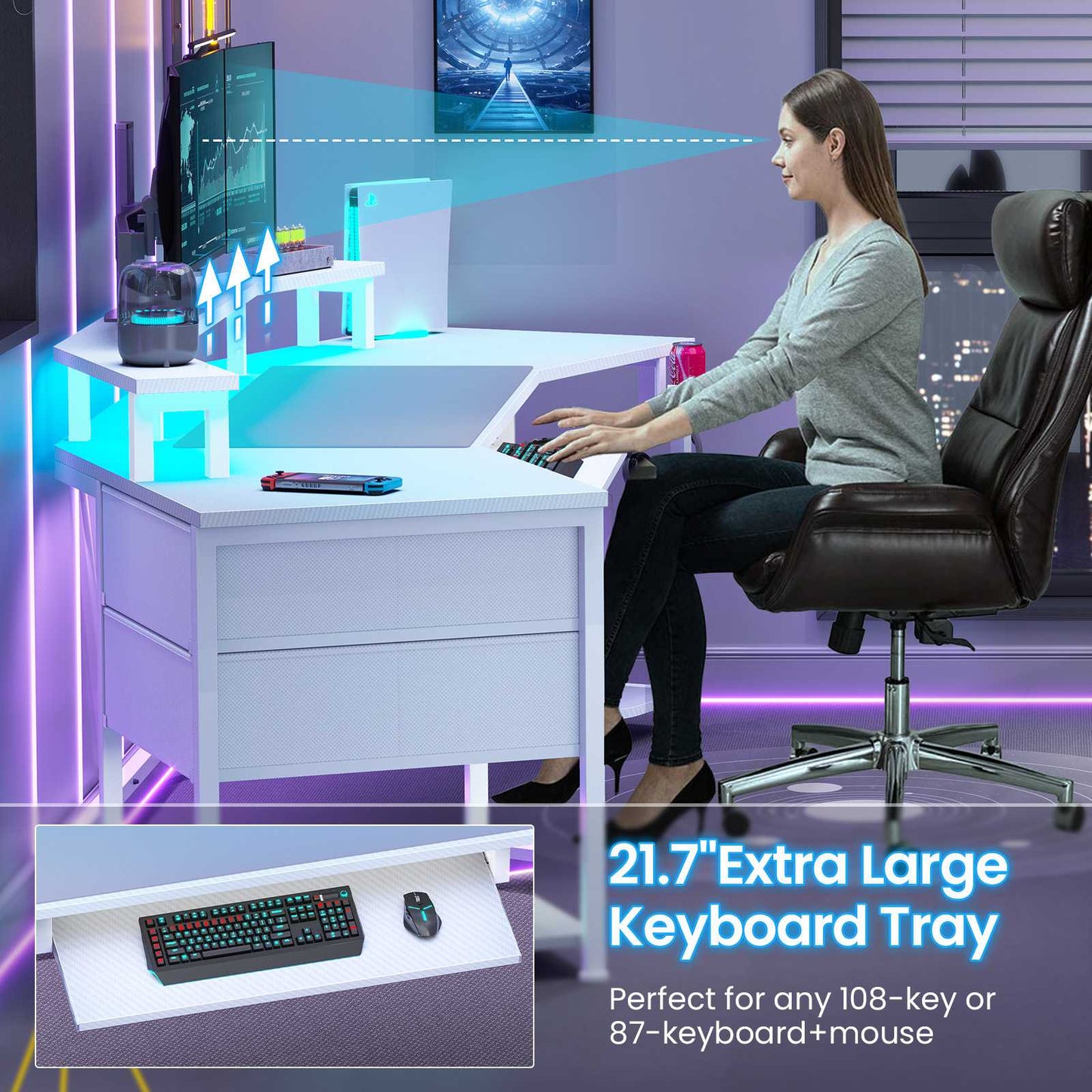 Itaar | 79 Inch Gaming Desk with 2 Fabric Drawers Long Computer Desk with Power Strip LED Lights U Shaped Desk with Storage and Cup Holder