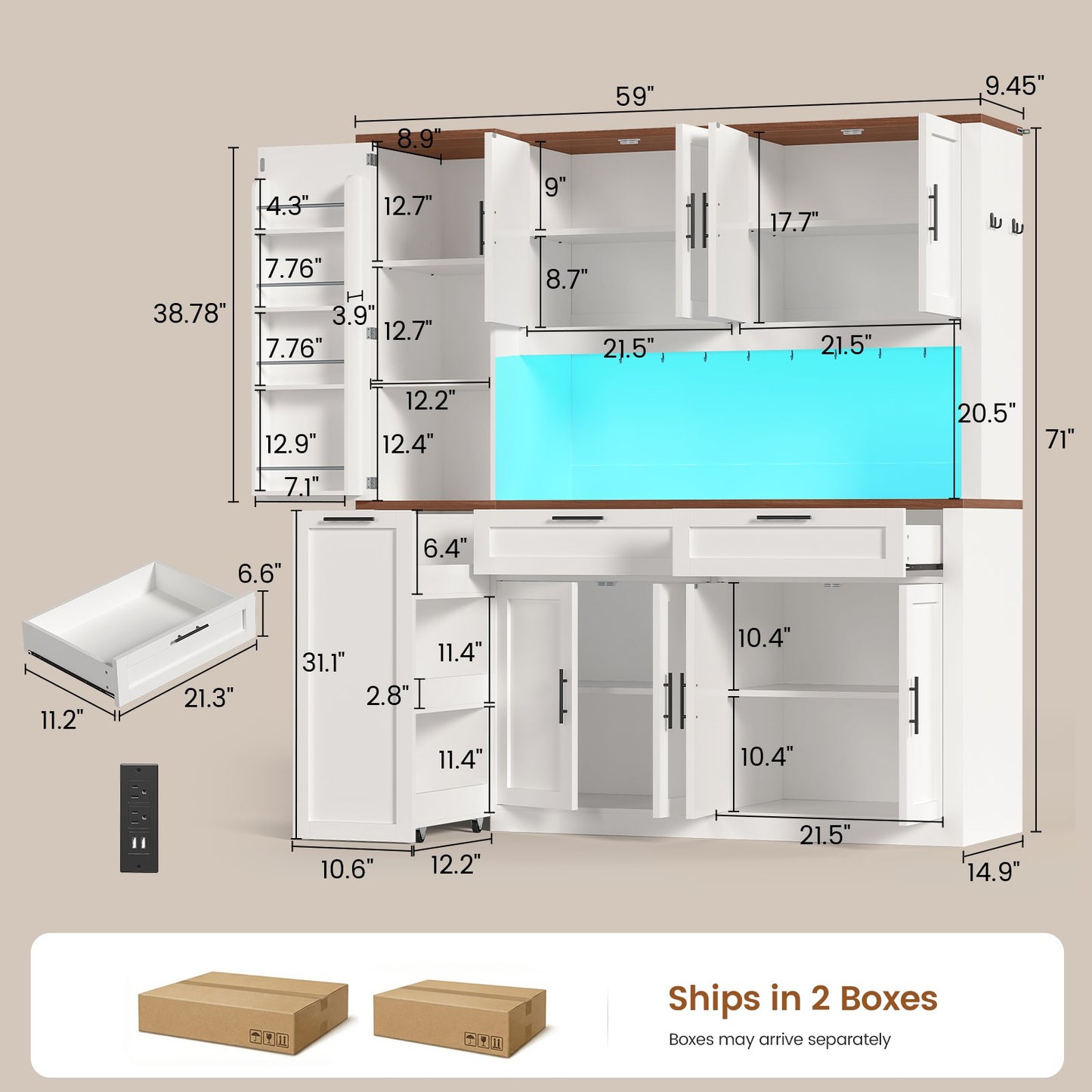 Itaar | 71 Inch Kitchen Pantry Cabinet with Charging Station and Led Light Kitchen Storage Cabinets with Microwave Stand