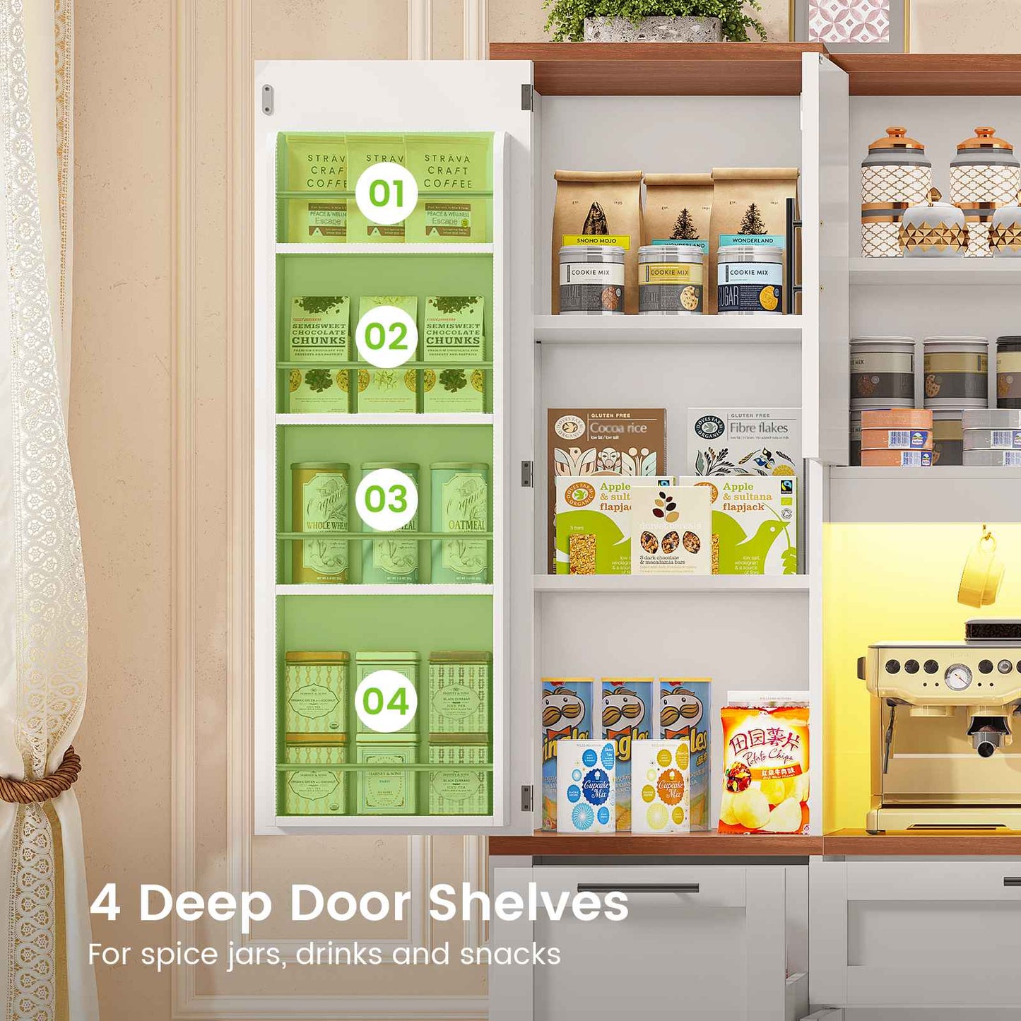 Itaar | 71 Inch Kitchen Pantry Cabinet with Charging Station and Led Light Kitchen Storage Cabinets with Microwave Stand