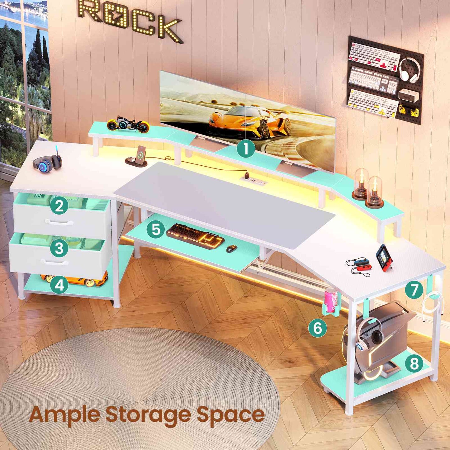 Itaar | 79 Inch Gaming Desk with 2 Fabric Drawers Long Computer Desk with Power Strip LED Lights U Shaped Desk with Storage and Cup Holder