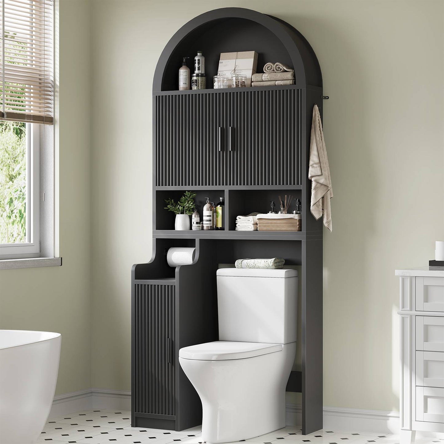 Itaar | Arched Over The Toilet Storage Cabinet  78.7 Inch H Fluted Bathroom Organizer with Reversible Side Cabinet Adjustable Shelves