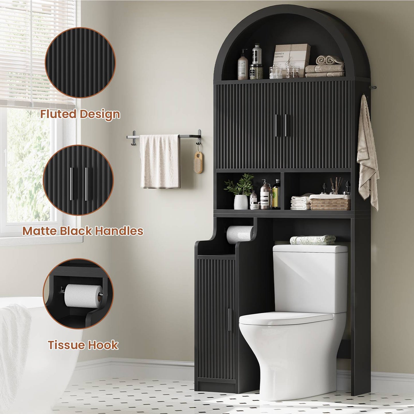 Itaar | Arched Over The Toilet Storage Cabinet  78.7 Inch H Fluted Bathroom Organizer with Reversible Side Cabinet Adjustable Shelves