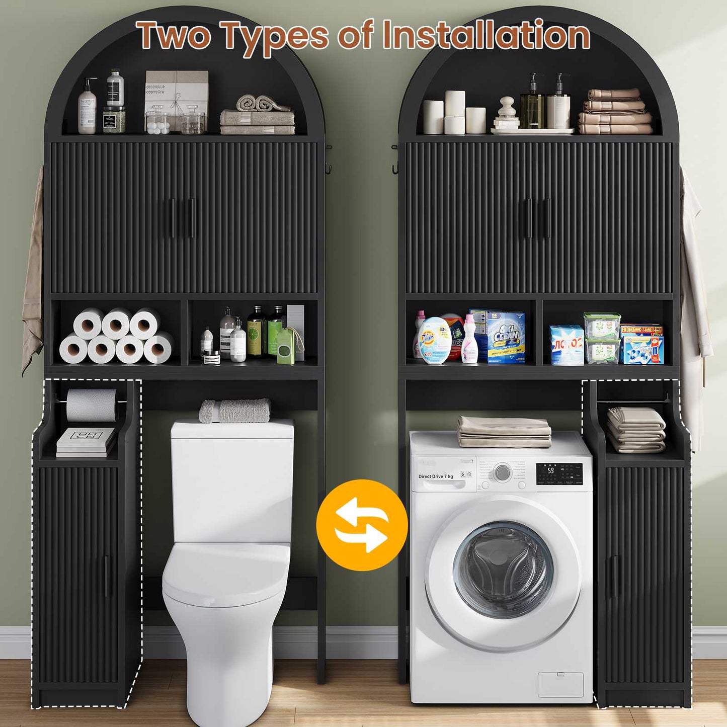 Itaar | Arched Over The Toilet Storage Cabinet  78.7 Inch H Fluted Bathroom Organizer with Reversible Side Cabinet Adjustable Shelves