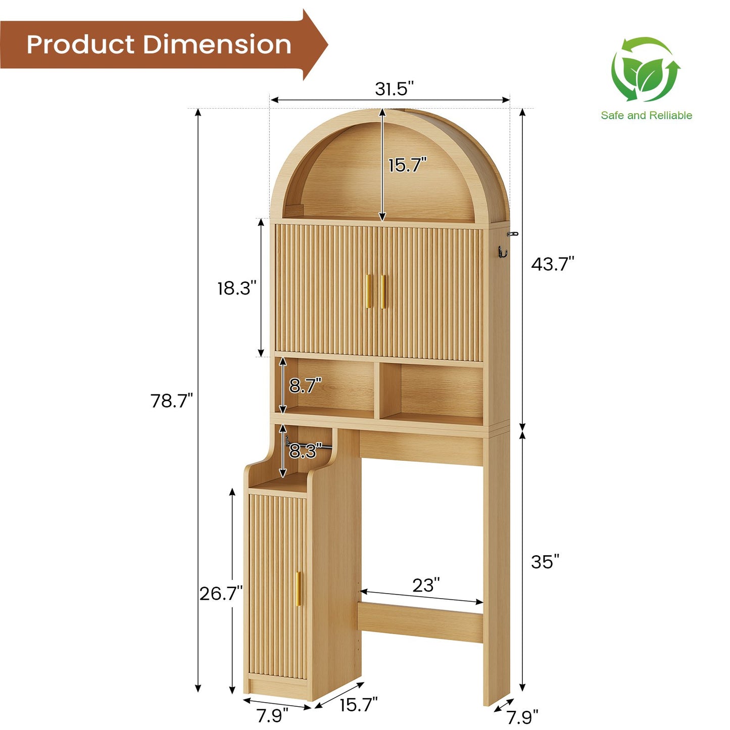 Itaar | Arched Over The Toilet Storage Cabinet  78.7 Inch H Fluted Bathroom Organizer with Reversible Side Cabinet Adjustable Shelves