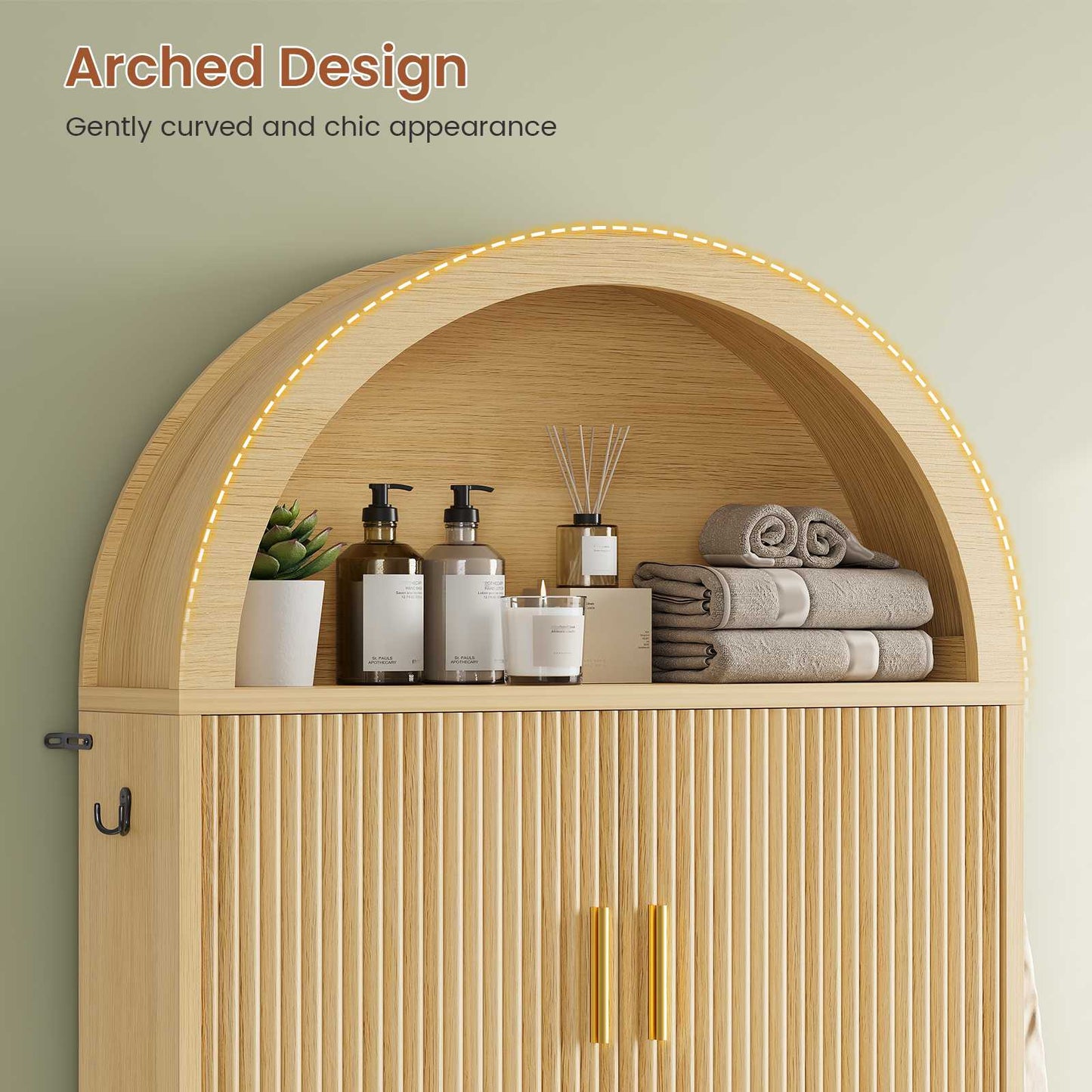 Itaar | Arched Over The Toilet Storage Cabinet  78.7 Inch H Fluted Bathroom Organizer with Reversible Side Cabinet Adjustable Shelves