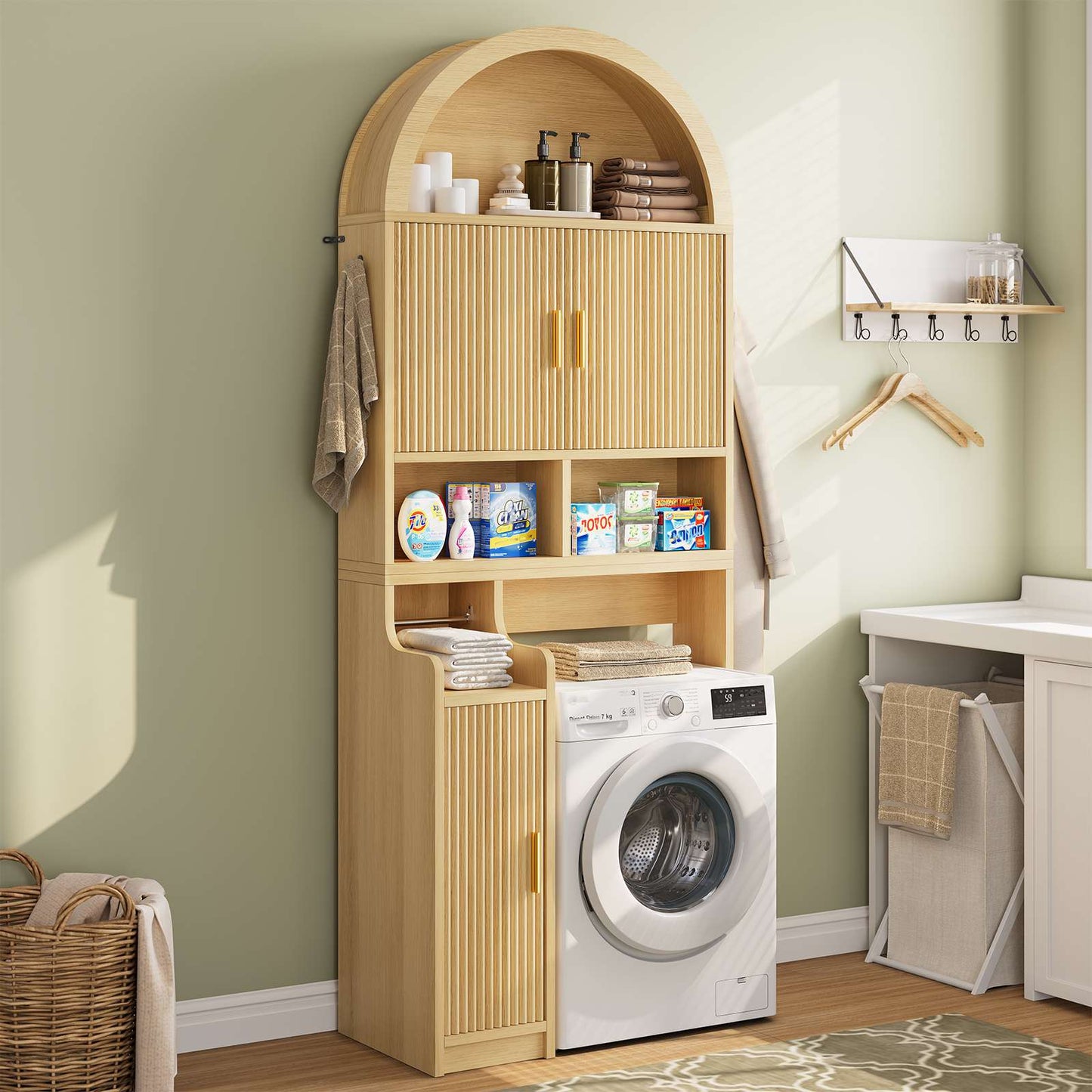 Itaar | Arched Over The Toilet Storage Cabinet  78.7 Inch H Fluted Bathroom Organizer with Reversible Side Cabinet Adjustable Shelves