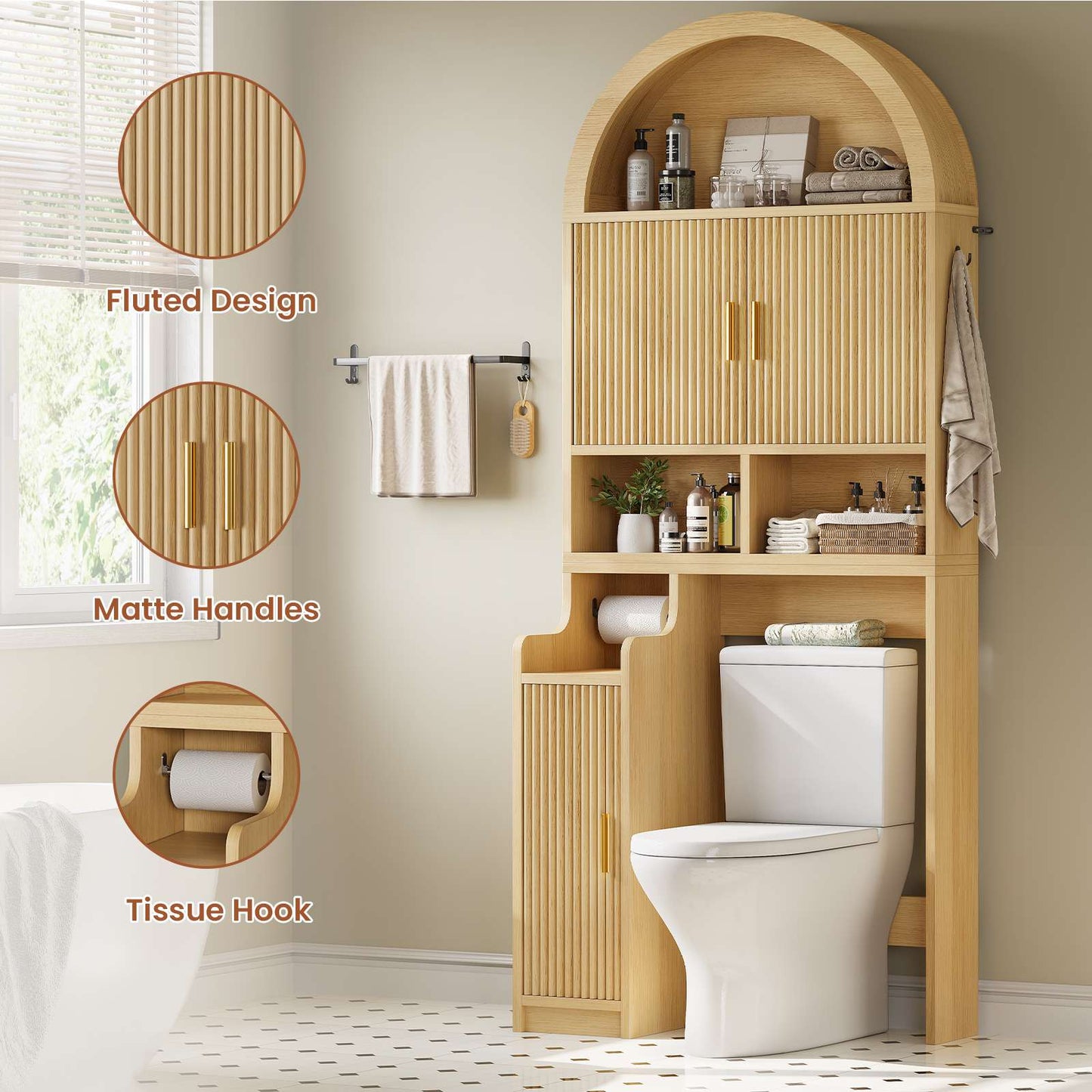 Itaar | Arched Over The Toilet Storage Cabinet  78.7 Inch H Fluted Bathroom Organizer with Reversible Side Cabinet Adjustable Shelves
