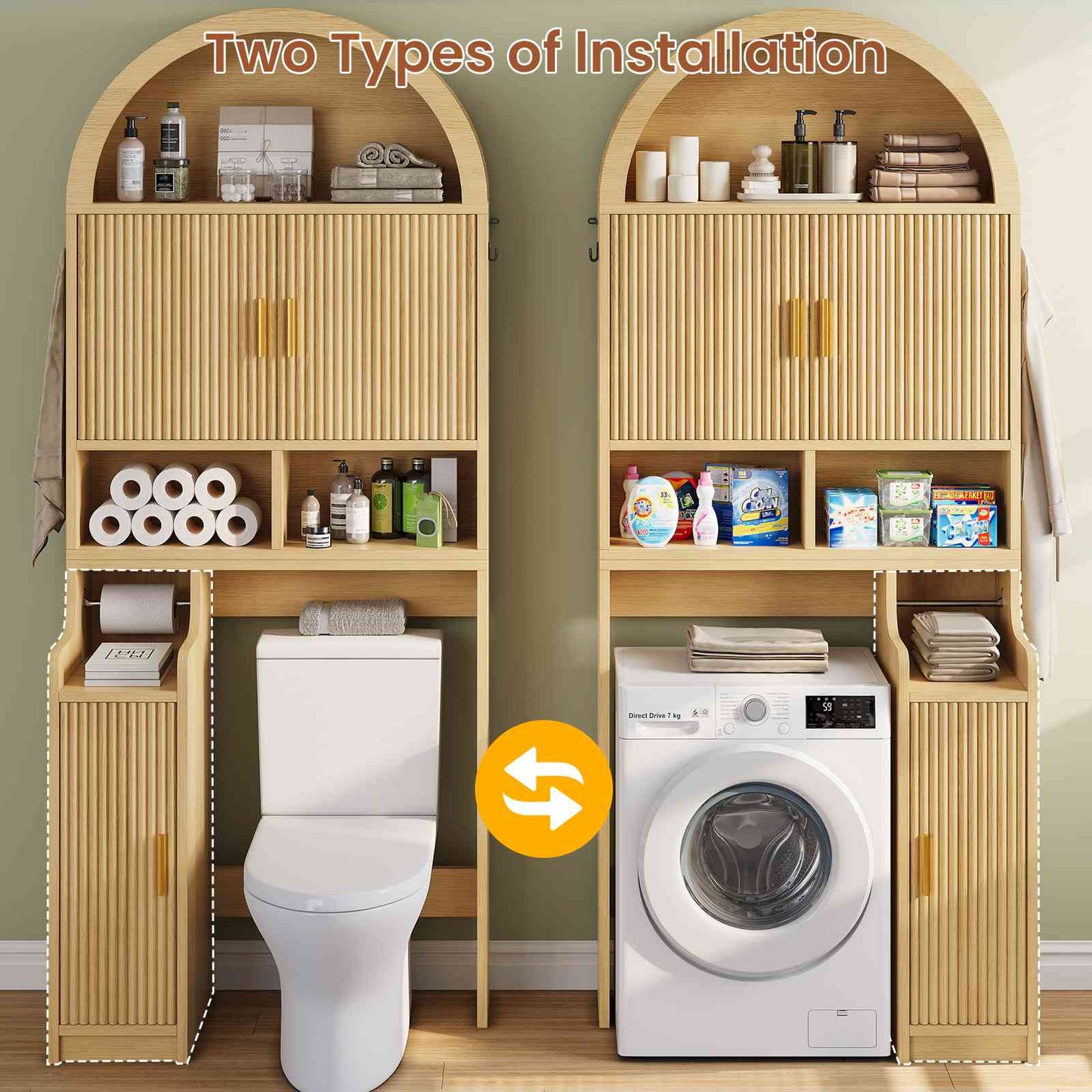 Itaar | Arched Over The Toilet Storage Cabinet  78.7 Inch H Fluted Bathroom Organizer with Reversible Side Cabinet Adjustable Shelves