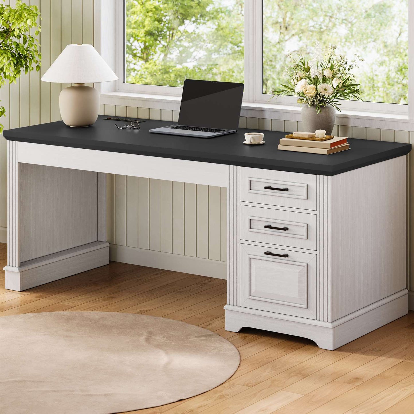 Itaar | Farmhouse 55 Inch Executive Desk Computer Desk with Storage Drawers and Power Outlet Home Office Desk