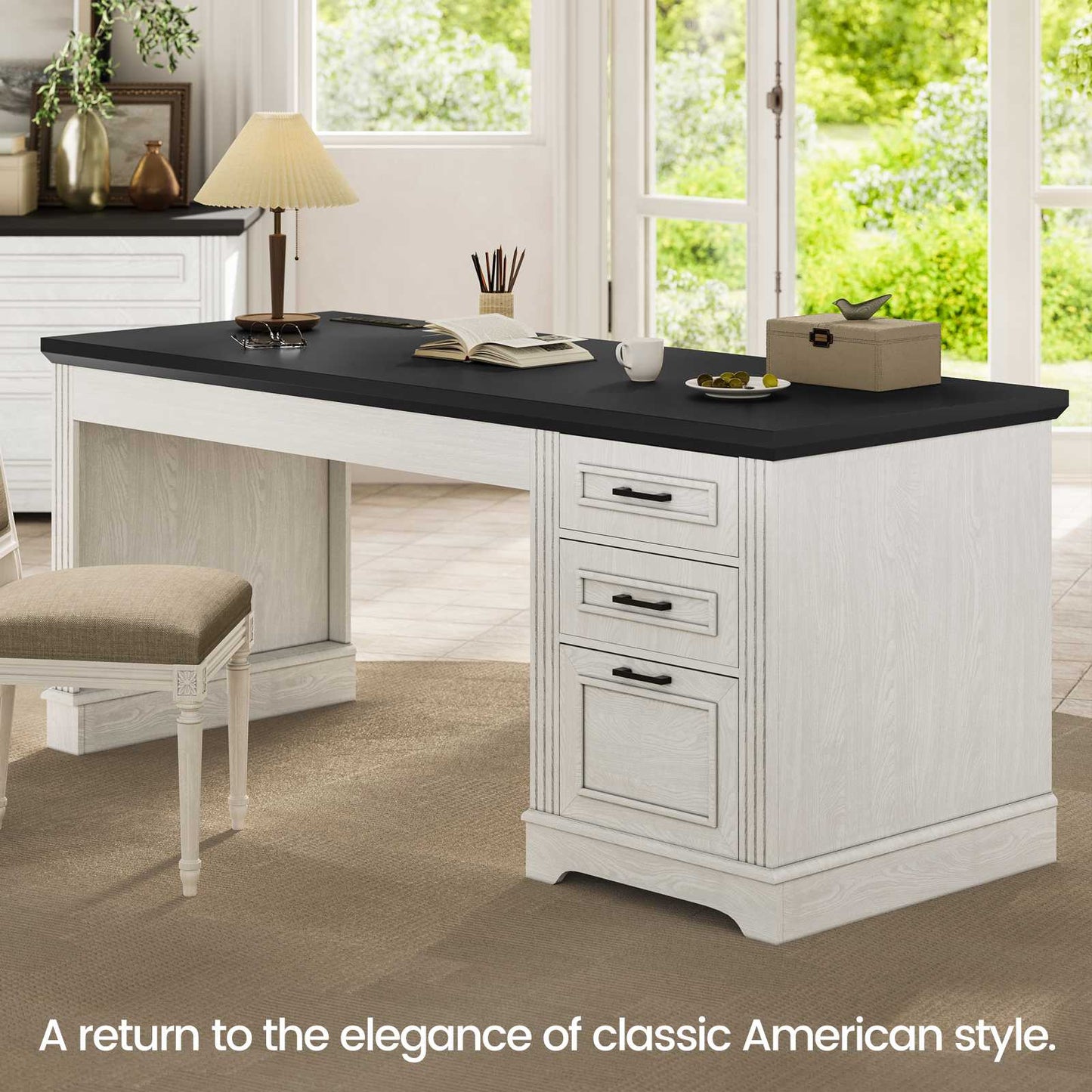 Itaar | Farmhouse 55 Inch Executive Desk Computer Desk with Storage Drawers and Power Outlet Home Office Desk