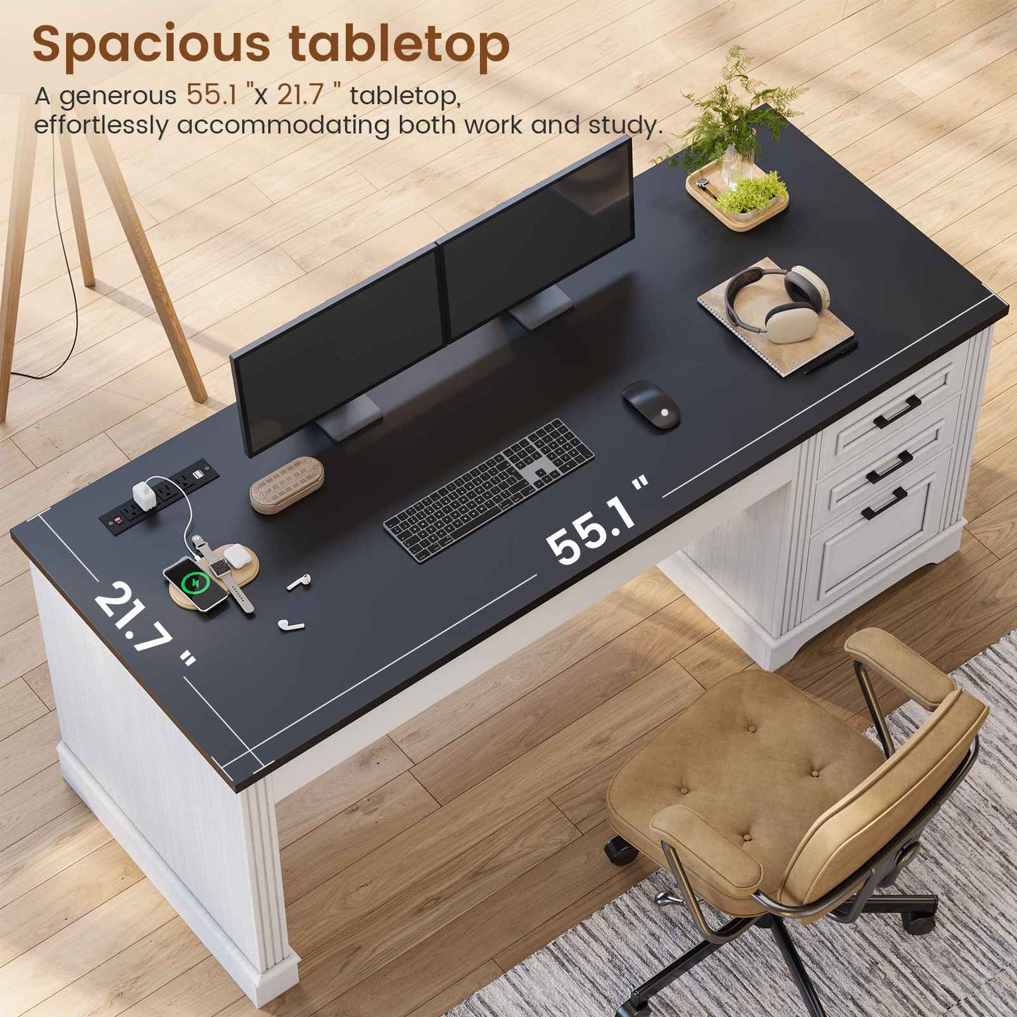 Itaar | Farmhouse 55 Inch Executive Desk Computer Desk with Storage Drawers and Power Outlet Home Office Desk