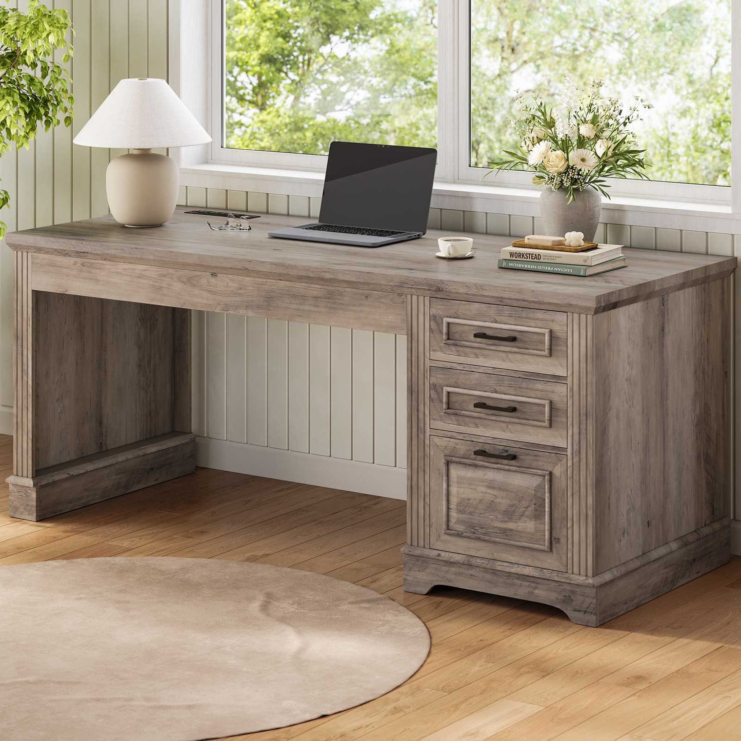 Itaar | Farmhouse 55 Inch Executive Desk Computer Desk with Storage Drawers and Power Outlet Home Office Desk